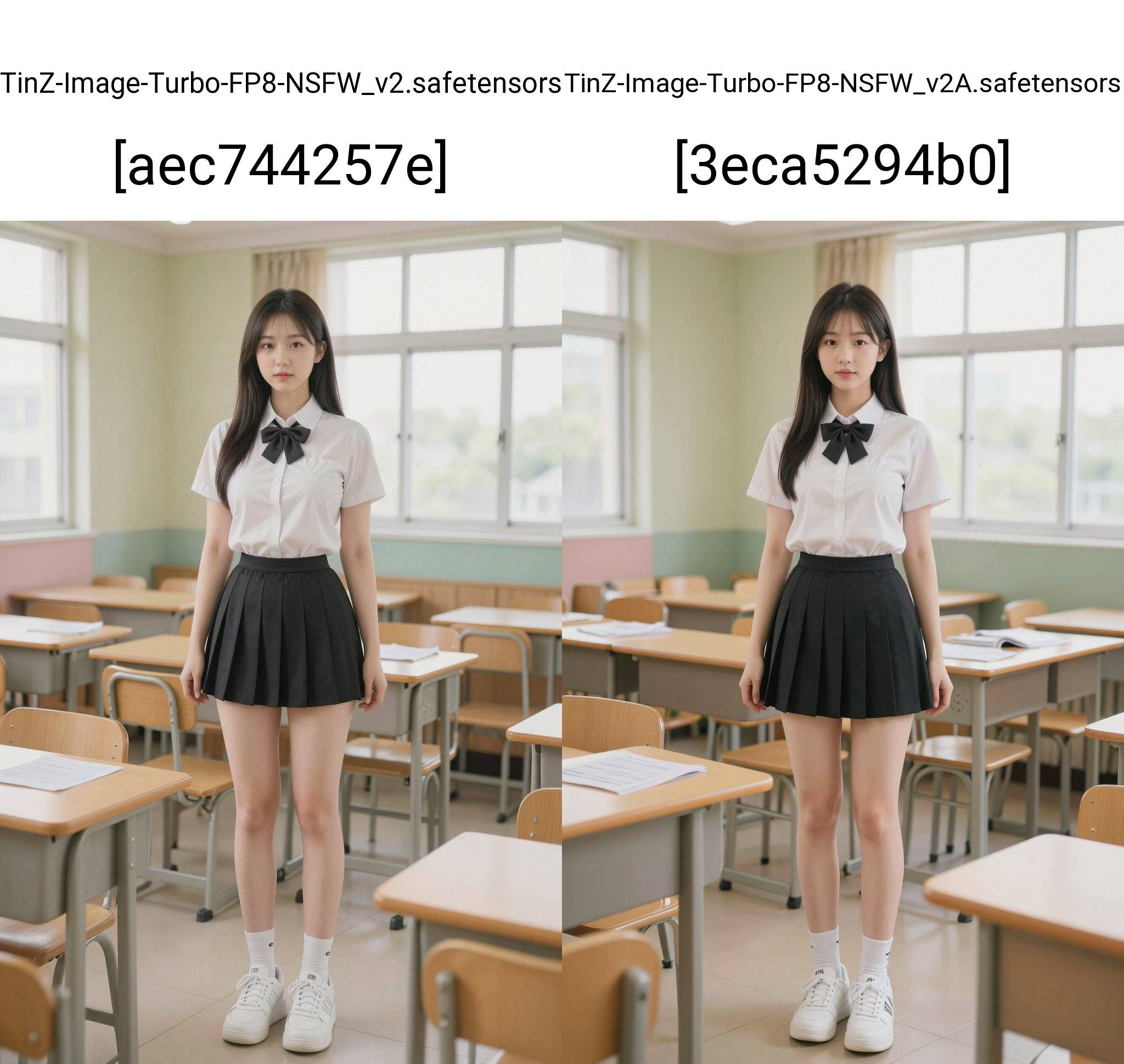 Create an image of a young female student standing confidently in a modern classroom. She has long, straight black hair and is wearing a stylish white blouse with a black bow tie, paired with a pleated black skirt that falls just above her knees. Her legs are slender and she is wearing white ankle socks with trendy white sneakers.The classroom features wooden desks arranged neatly, with a few papers scattered on one desk. The walls are painted a soft color, and large windows in the background allow natural light to pour in, illuminating the space. The atmosphere is bright and airy, giving a sense of a productive learning environment. The overall style is a blend of realism and a slight digital aesthetic, capturing the vibrant energy of youth and education.