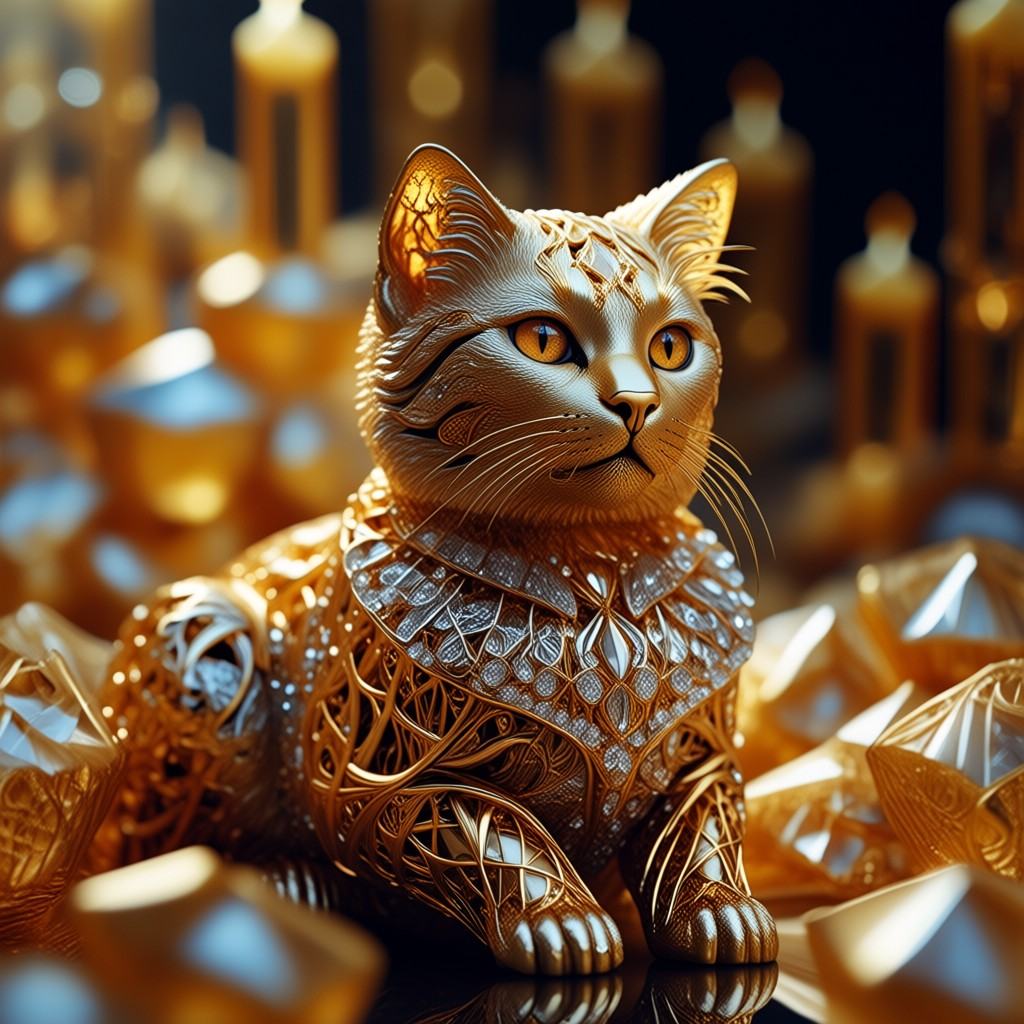 goldintricate This is a highly detailed,  digital CGI artwork depicting a golden,  intricately designed cat statue with a...