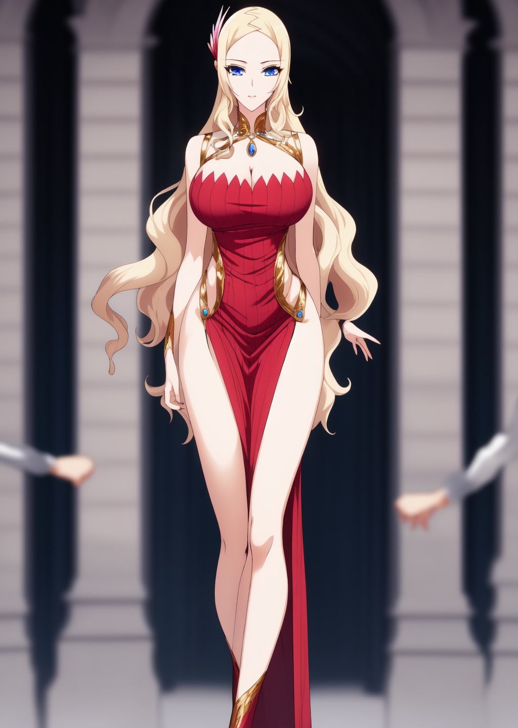 1girl,bare shoulders,blonde hair,blue eyes,breasts,depth of field,dress,long hair,motion blur,pelvic curtain,red dress,side slit,(thighs:1.1),very long hair,[[<lora:yafei2>]],milf,(mature_female:1.1),mature,glamor,wavy hair,<lora:PerfectEyesXL:0.9>,<lora:add-detail-xl>,hands_on_hips,