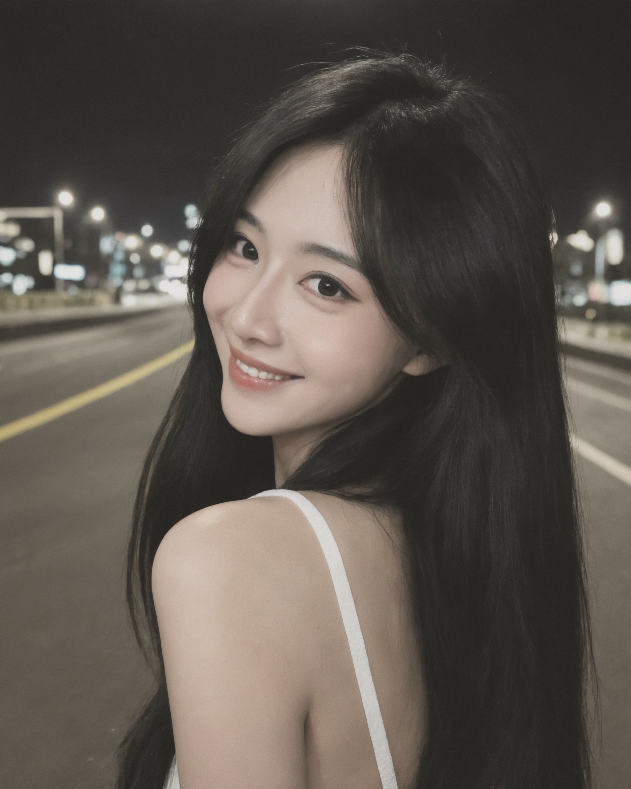 1girl, solo, black hair, long hair, looking at viewer, smile, black eyes, upper body, realistic, night, looking back, lips,photoshop \(medium\), realistic,best quality, high quality,  <lora:xiaohongshumerge:1>