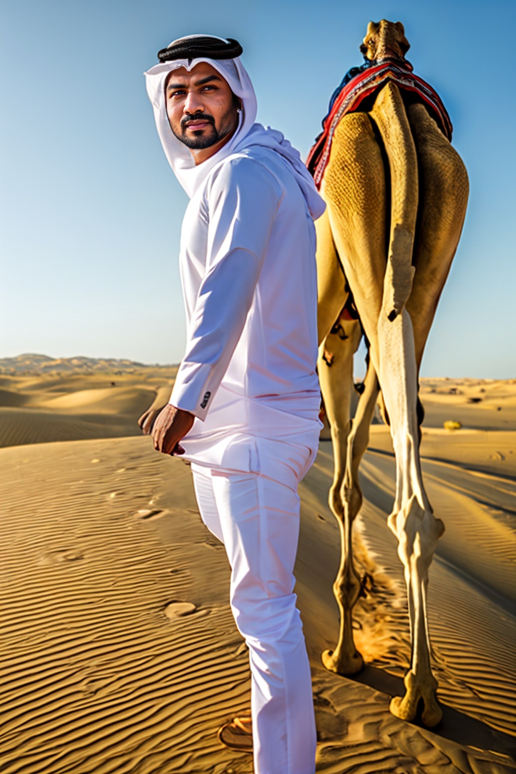 1boy, animal, arabcamel, camel, desert, facial hair, hood, looking at viewer, male focus, outdoors, realistic, white pants, white shirt, <lora:SD1.5_ARABCamel.1.0:0.7>
