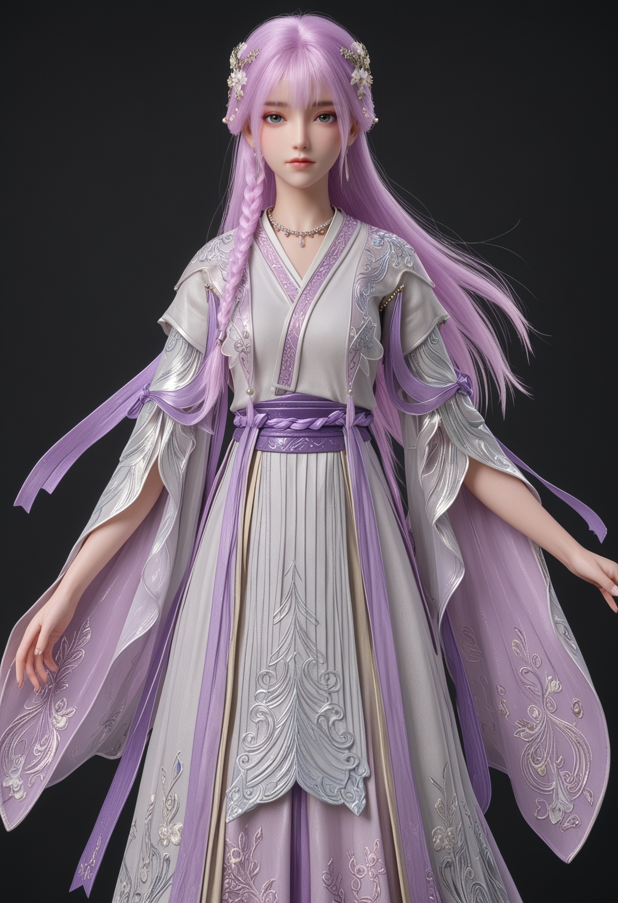 (standing full_body:1.1),score_9,score_8_up,masterpiece,(best quality),intricate details,facing viewer,(looking at viewer:1.1),<lora:YQ_pony_tianqiong_shaonv_V4:0.8>,q1528437228,1girl,solo,long hair,purple hair,jewelry,hair ornament,earrings,braid,necklace,dress,hair flower,blue eyes,pink hair,chinese clothes,green eyes,side braid,grey eyes,japanese clothes,wide sleeves,long sleeves,sash,robe,BREAKscore_9,score_8_up,masterpiece,(best quality),perfect anatomy,(hourglass),perfect face,(simple background,pure black background,black background:1.1),fair_skin,shiny_skin,Ivory_skin,