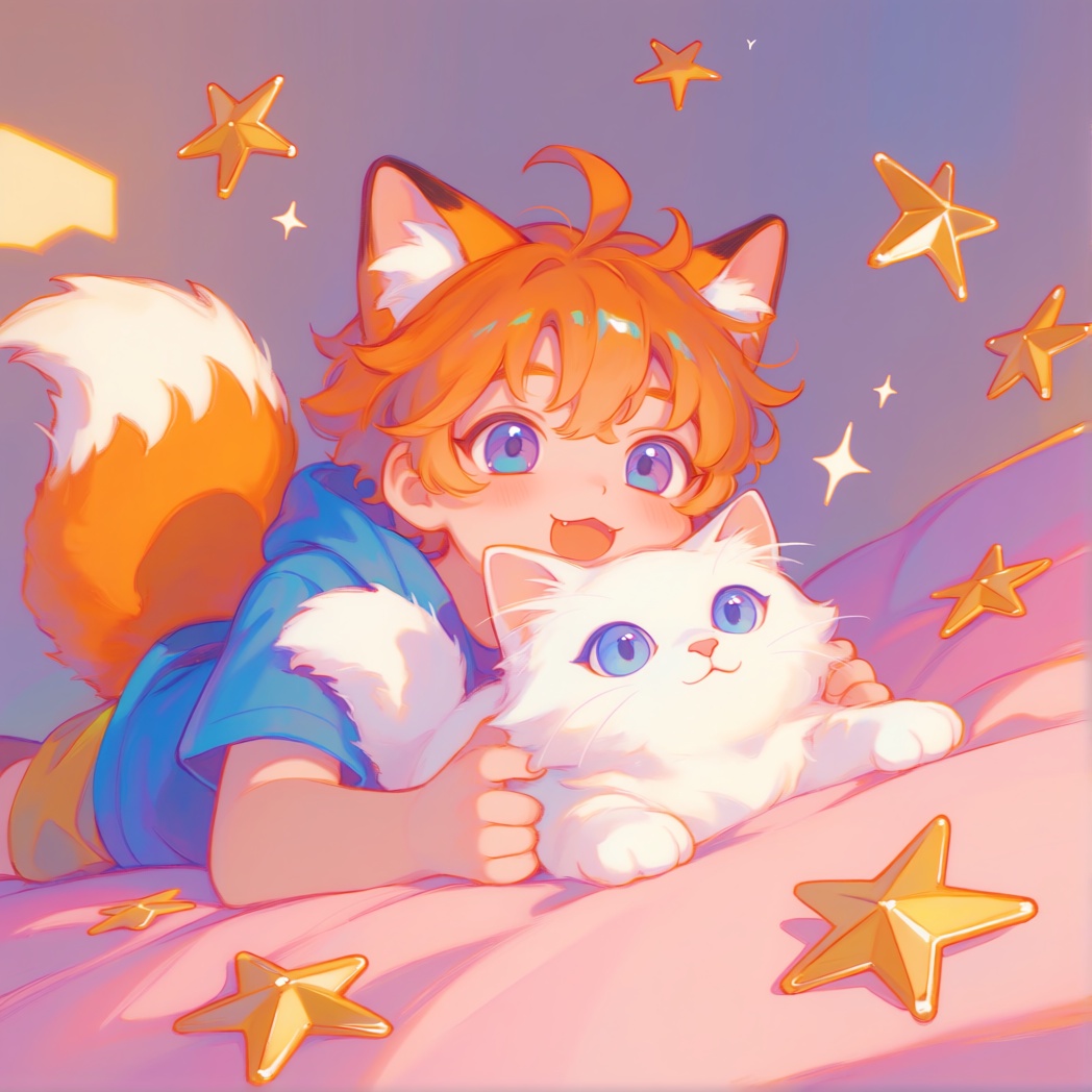 PffIcn,  Boy with fox ears and a tail lying on his stomach on a soft pink blanket,  hugging a round white cat with blue ey...