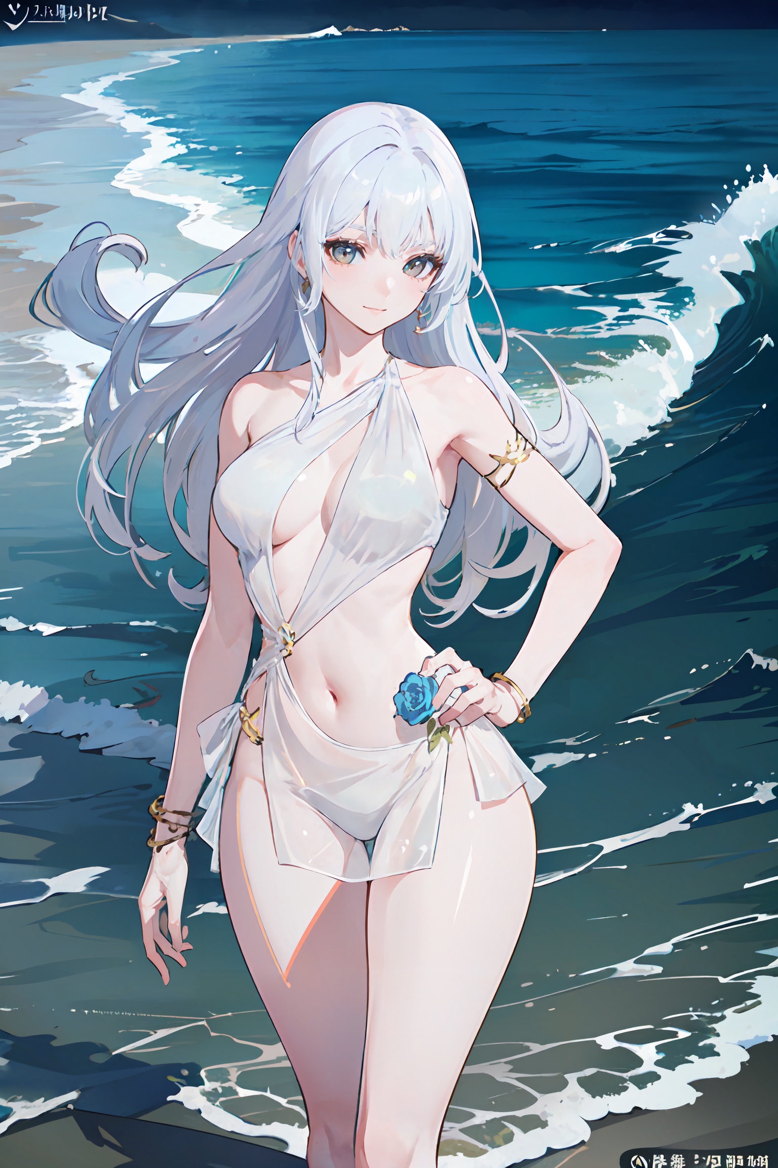 ((sfw:1.1)),((masterpiece, best quality, best shadow, official art, correct body proportions, Ultra High Definition Picture, master composition)),(best hands details:1.4),1girl,solo,mature female,full body,perfect body,shiny skin,breasts,narrow waist,wide hips,makeup,seductive_smile,curvy,(seductive posture),perfect leg curves,yingyingyongzhuang,long hair,solo,white hair,flower,navel,rose,yellow rose,jewelry,bracelet,dress,hand on hip,see-through,Cinematic Lighting,outdoors,(cowboy_shot),in the ocean,ocean,waves,seaside,beach,