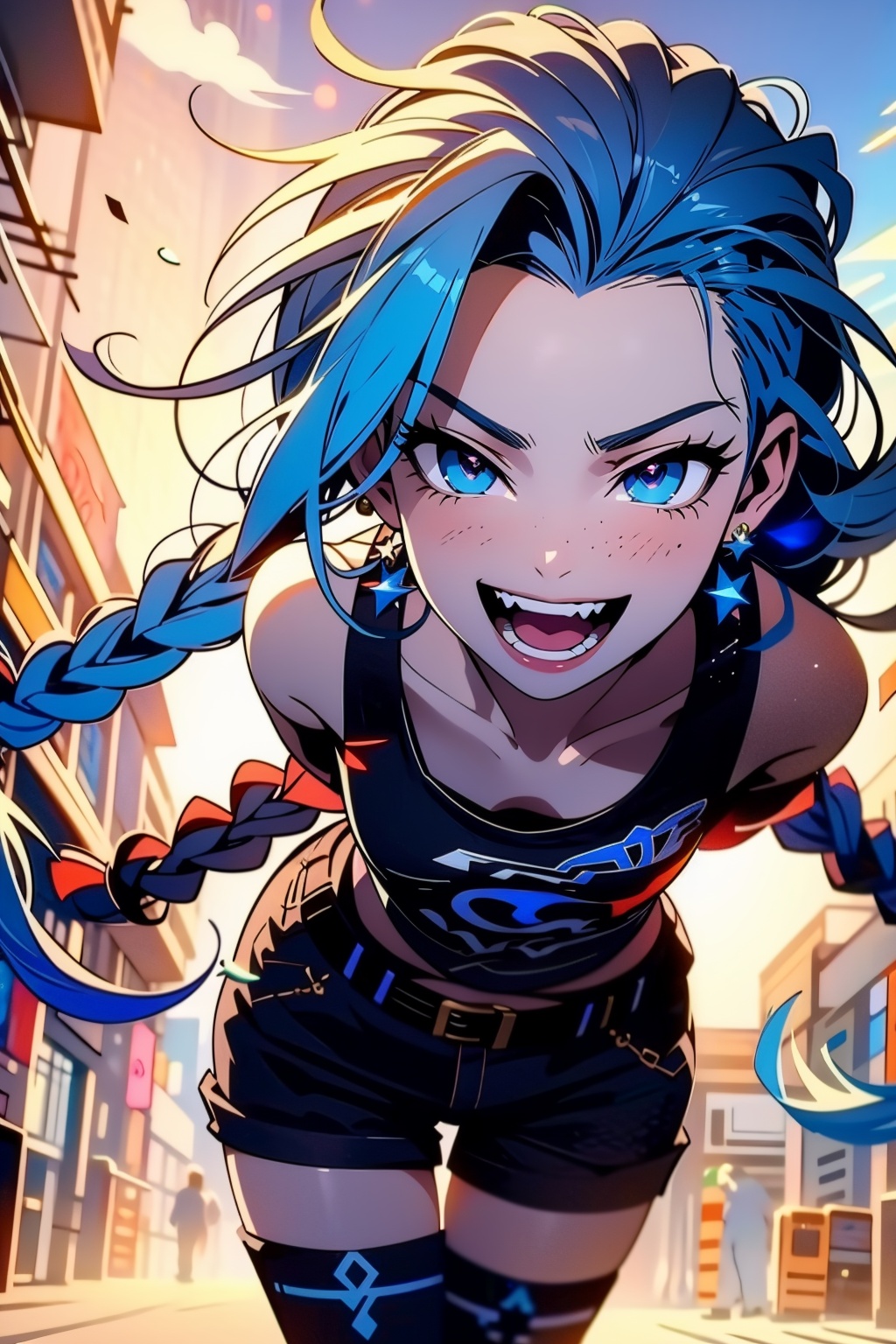 FF,(masterpiece:1.2),best quality,highres,extremely detailed CG,perfect lighting,8k wallpaper,anime,comic,game CG,1girl, jinx (league of legends), long hair, solo, blue hair, teeth, smile, braid, open mouth, hair ornament, blue eyes, looking at viewer, breasts, jewelry, earrings, twin braids, collarbone, bangs, bare shoulders, pants, belt, leaning forward, small breasts, very long hair, :d, black pants, freckles, spikes, star (symbol), **** top, star hair ornament, tongue, shorts