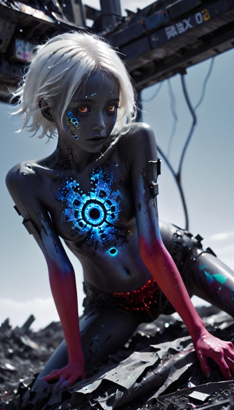 (from_below:1.3),(chiffon, body painting:1.2),8k,digital art,macro photo,quantum dots,sharp focus,dark shot,cinematic,Microworld,thigh,(upper thighs shot:1.2),surrealistic features,rendered a mysterious,and the lower part is a cool color tone,this color contrast also enhances the visual impact of the image,this image is rich in profound symbolic significance,human consciousness,the spiritual world,highres,gray tone,white hair,1girl,(fractal art:1.3),colorful,Deep photo,depth of field,shadows,(messy hair:0.8),seductive silhouette play,dark,nighttime,dark photo,grainy,dimly lit,Photo of a broken ruined cyborg girl in a landfill,robot,body is broken with scares and holes,half the face is android,laying on the ground,creating a hyperpunk scene with desaturated dark red and blue details,colorful polaroid with vibrant colors,stylish_pose,posing,