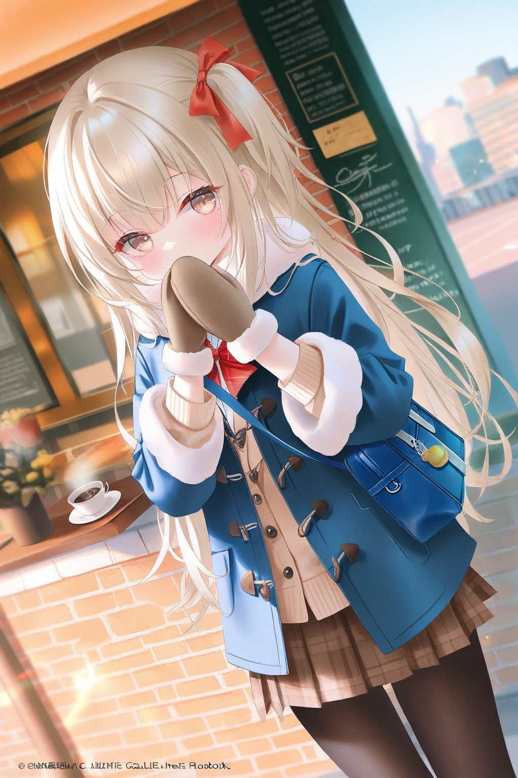 masterpiece,very aware,highres,absurdres,newest,best quality,loli,petite,high quality,chromatic_aberration,cinematic_angle,dutch angle, //, artist:hanekoto, 1girl, skirt, mittens, solo, bag, pantyhose, long_hair, coat, looking_at_viewer, brown_skirt, cafe, plaid, plaid_skirt, copyright_notice, pleated_skirt, hands_up, blue_coat, school_bag, blue_bag, brown_mittens, brick_wall, long_sleeves, black_pantyhose, outdoors, brown_eyes, door, cowboy_shot, menu_board, fur_trim, cup, covering_own_mouth, standing, blush, open_clothes, duffel_coat, open_coat, cardigan, shoulder_bag, company_name, school_uniform, brown_hair, coffee, red_bow, teacup, own_hands_together, storefront, fur-trimmed_sleeves, dot_nose, very_long_hair, cover, light_brown_hair, sparkle, building, fur-trimmed_coat, blurry, bow, saucer, buttons, cover_page, shirt, brown_pantyhose, covered_mouth, winter_clothes, artist_name, watermark, toggles, sign, hand_over_own_mouth, miniskirt, brown_cardigan //, photorealistic,Artist:na-ga,(quasarcake:0.2),(wanke:0.9),[Artist:chen bin],Artist:tidsean,[Artist:sk (askzy)],(artist:tokkyu:0.5),(artist:momoko \(momopoco\):0.5),himitsu_(hi_mi_tsu_2), //,<lora:chen_bin-000023:0.8>