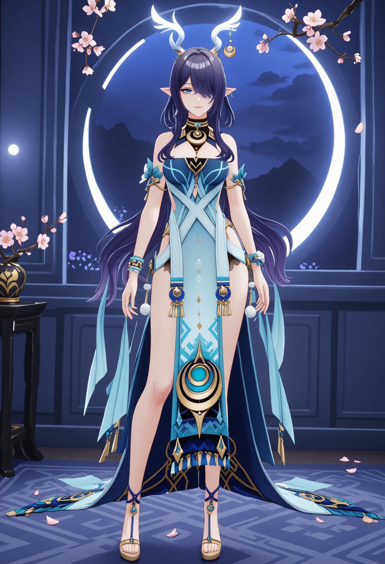 (full_body:1.4),(looking at viewer:1.1),facing viewer,direct gaze,(masterpiece:1.1),(best quality:1.2),(intricate details),(smog:1.3),(Dark room:1.3),(dim lighting:1.3),peach blossom,falling petals,<lora:YQ_Illustrious光辉v5_菈乌玛_V1:0.8>,1girl,solo,long hair,jewelry,pointy ears,dress,earrings,purple hair,horns,black hair,bracelet,blue eyes,blue hair,sandals,hair ornament,crescent,masterpiece,(best quality),(intricate details:0.9) BREAK (intricate details:0.9),(realistic skin:1.2),masterpiece,best quality,newest,absurdres,hiahres,