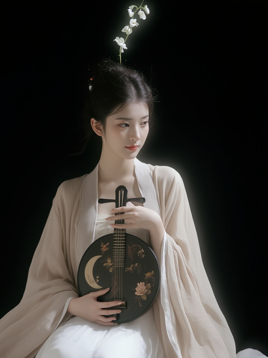 neomj,<lora:neomj古风v9_15:1>,A woman with dark hair styled up holds a decorated moon lute in front of her chest. She's wearing a flowing, light colored garment and looking to her right. A small branch of white flowers is seen above her head against a black background.