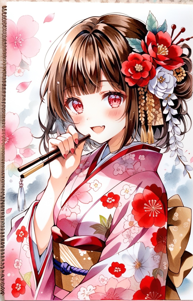 1girl, flower, solo, painting (medium), watercolor (medium), traditional media, brown hair, red eyes, red flower, hair ornament, hair flower, holding, bangs, looking at viewer, open mouth, smile, upper body, floral print, blush, long sleeves, long hair, japanese clothes, medium hair, kimono, white flower, smoke, hand up, pink flower, fang, candle