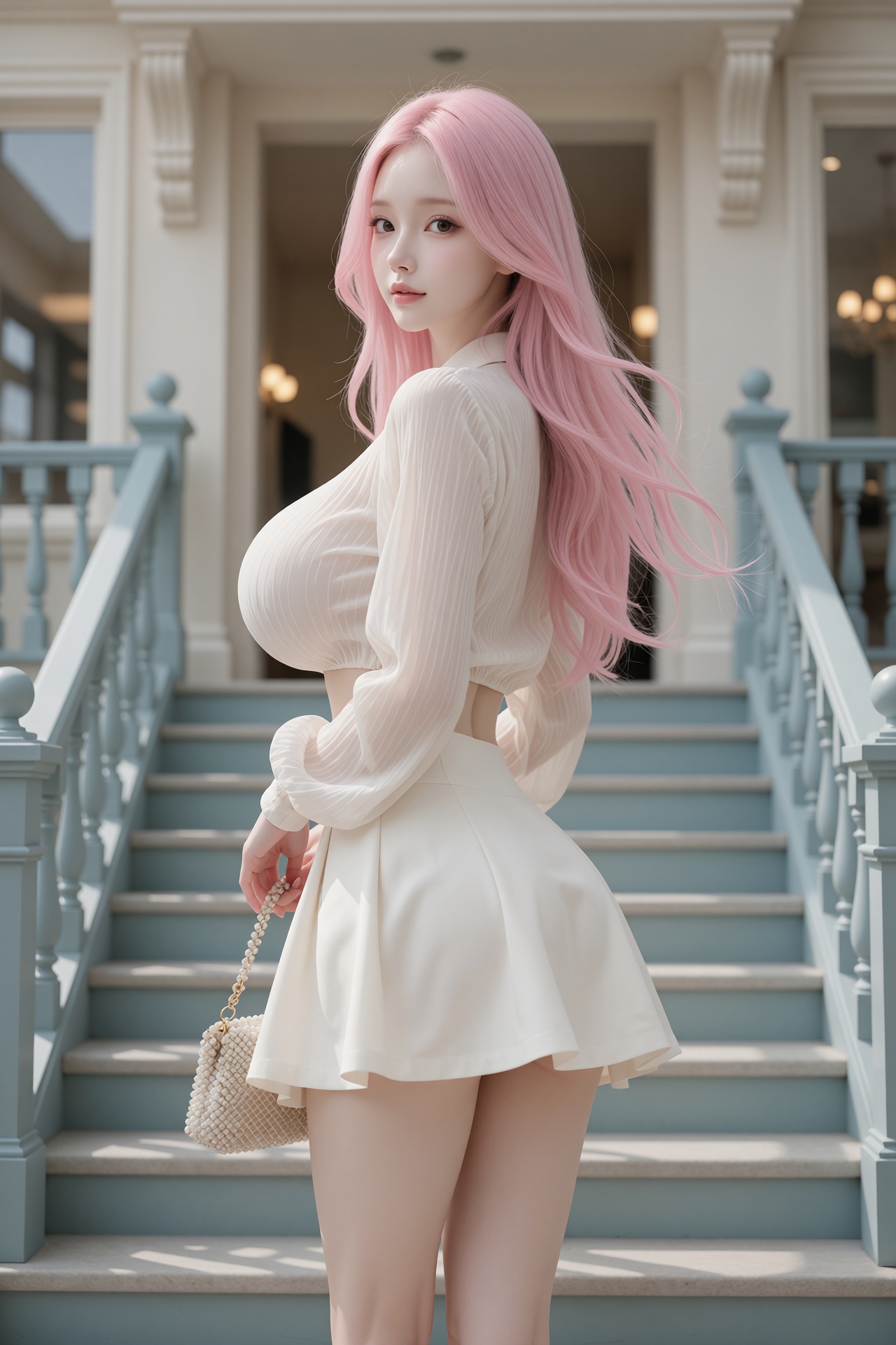 A pretty pink hair Ziny with absurdly narrow waist over cascading long wavy hair,  pastel pale-pink hair color,  ultra rea...
