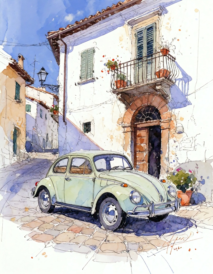 A beautiful watercolor and ink sketch of a vintage volks wagen parked on a cobblestone street in a charming European villa...
