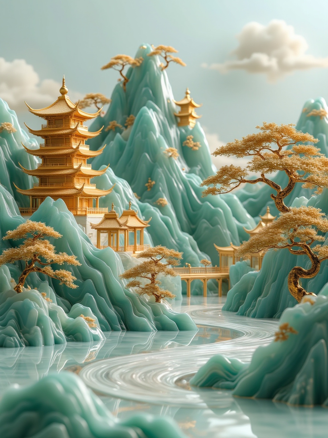 Gold and Jade style,The scene is set against a soft, pastel blue sky with a few fluffy white clouds. In the foreground, a tranquil river flows through a lush, verdant landscape, its surface reflecting the sky. On the left side, there is a traditional, golden pagoda with multiple tiers, symbolizing a Buddhist temple. The pagoda is intricately detailed, with ornate golden roof tiles and delicate, curved eaves. The background features a range of majestic, turquoise mountains with smooth, flowing contours. The mountains are adorned with golden accents, adding a sense of opulence and grandeur. The foreground and middle ground are filled with golden trees, their branches gracefully arching over the scene. The entire scene exudes a sense of tranquility and harmony, with the colors and textures creating a harmonious blend of natural and man-made elements. The artwork combines elements of traditional Chinese architecture and natural beauty, creating a surreal, dreamlike atmosphere,<lora:YY金镶玉F.1:1>,