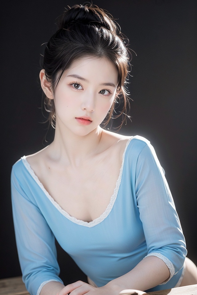HDR,UHD,8K,Highly detailed,best quality,masterpiece,masterpiece, best quality, realistic,1girl,loli,upper body,fov, sitting,leotard, blue leotard,white skin,simple background,Studio lighting,(EOS R8,50mm,F1.2,8K,RAW photo,frontlight,(((masterpiece))), ((the best quality, super fine illustrations,)), ((very delicate light)), ((fine lighting,very fine 8KCG wallpapers)),