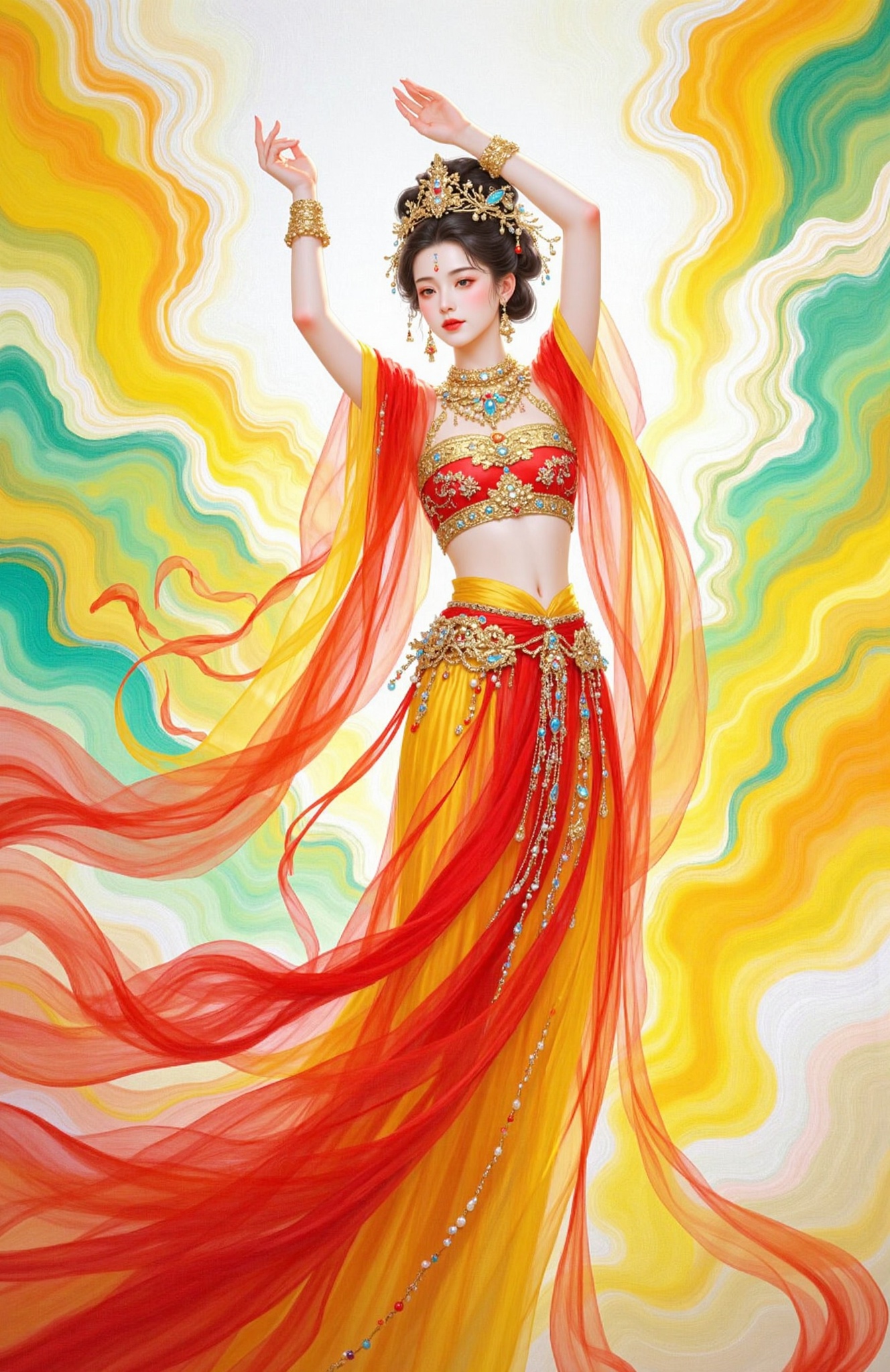 ,Color Ink Painting,Dunhuang Art,Dunhuang style art illustrations,Dunhuang color matching style,An eye-level painting of a Asian woman in a flowing red and yellow dress,adorned with a gold necklace and earrings. The woman's hair is styled in a bun,and she's wearing a crown on her head. Her dress is adorned with gold jewelry,and her arms are raised in the air. The background is a mix of white,yellow,and green swirls,creating a vibrant contrast to the woman's dress.,crop_top,shawl,midriff,