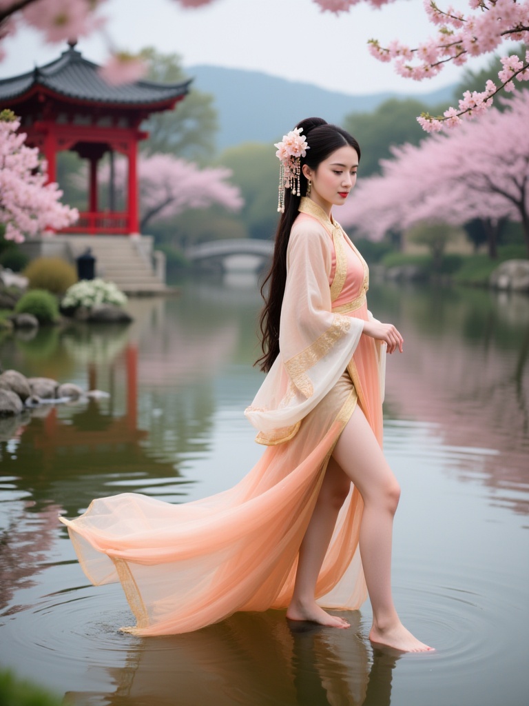 shangft, an ethereal Asian woman in a traditional, flowing, peach and gold kimono with a high slit, standing barefoot in a serene pond. She has long, dark hair adorned with flowers. The background features a picturesque Japanese garden with cherry blossoms in bloom, and a red wooden pavilion. The scene exudes tranquility and elegance.<lora:S-T-古风写实_S1.03:1>