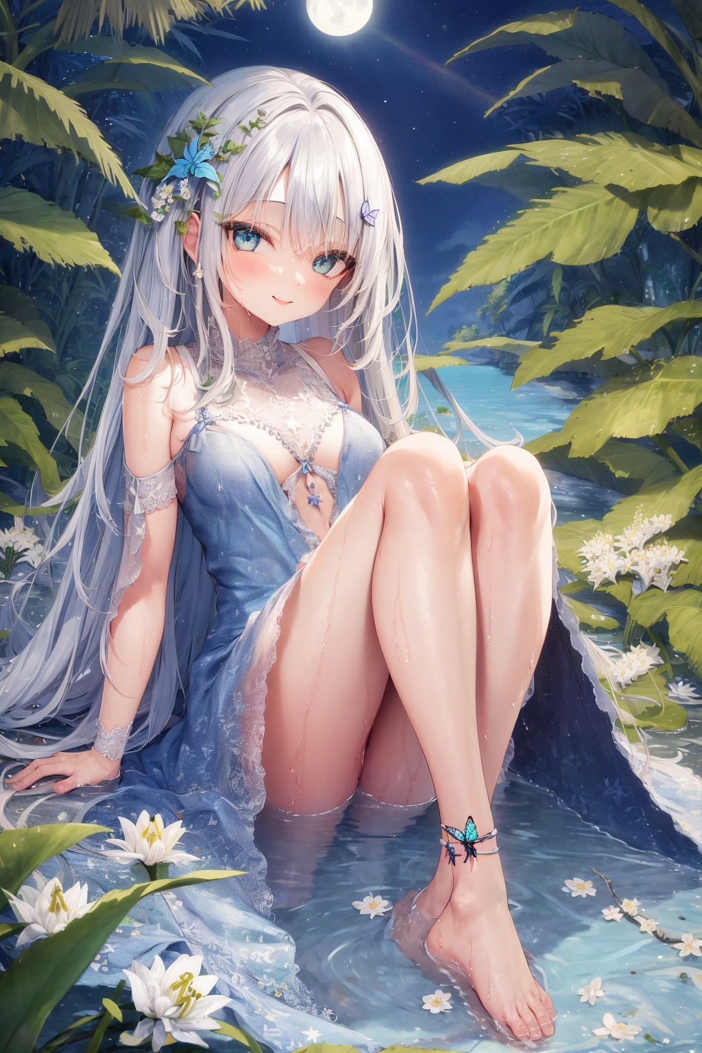 <lora:艺术家_るび様1-000013:1>, full moon, leaf, moon, plant, potted plant, bamboo, 1girl, palm tree, butterfly, bug, water, tanabata, branch, barefoot, night, lily pad,soaking feet,ankle cuff,vines, solo, outdoors, tree, sitting, long hair, wet, flower, smile, ivy, azure eyes,(silver hair), dress, lily of the valley, sky, hair ornament, bangs, blue butterfly,bare legs, looking at viewer, palm leaf,(stars:1.2),(azure eyes:0.8),(pure white dress:1.2),hairs between eyes,(bare back:1.2),(bare shoulders:1.2),caustic,cinematic lighting, landscape, hdr, lens flare, dynamic angle