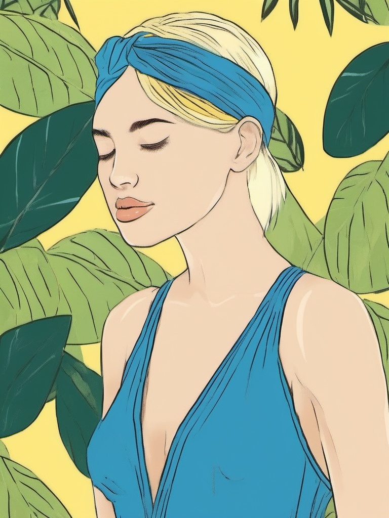 1NK ,  ,  The illustration shows shows a young woman in a blue one-piece swimsuit with a floral pattern. She is standing i...