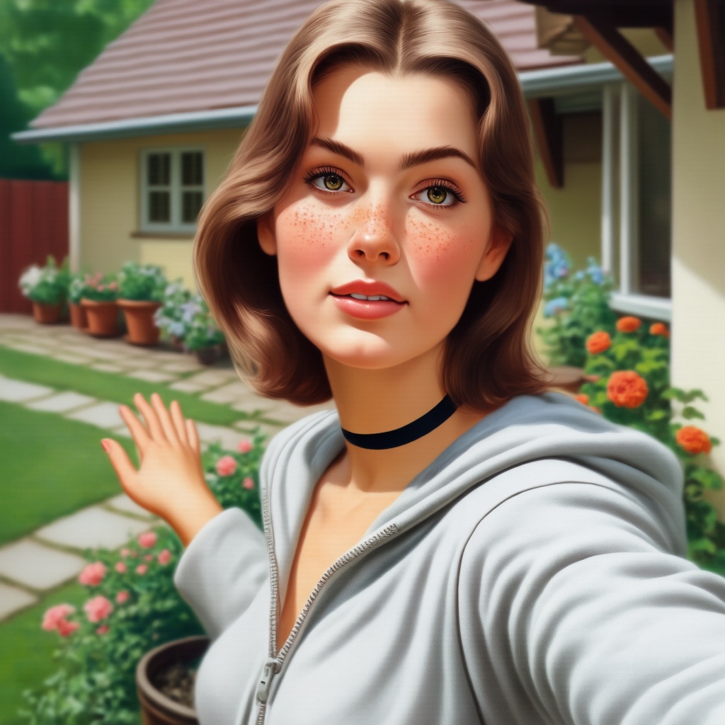 A portrait of a young woman outdoors. She has shoulder-length brown hair and freckles on her face. She wears a light gray...