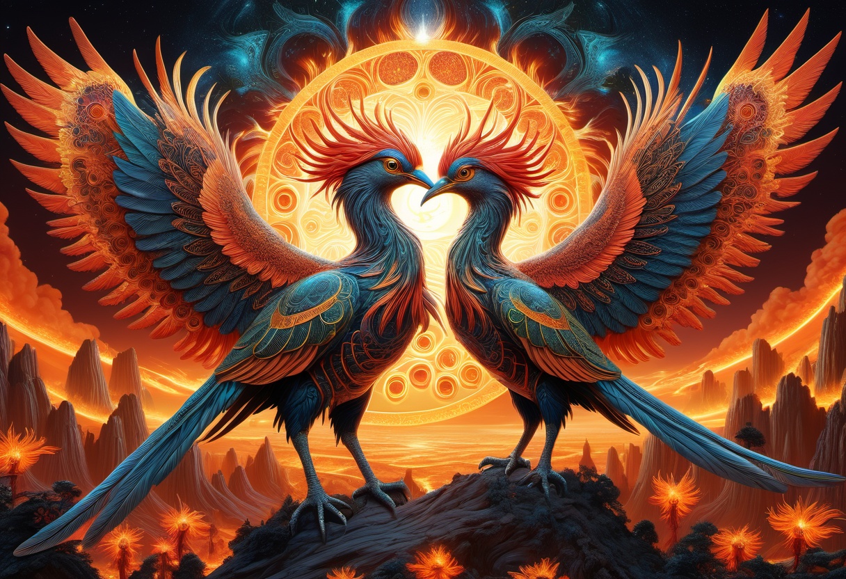 hyper detailed masterpiece,  DonM3t3rn1tyXL,  transhumanism of solar phoenixe- celestial birds adorned with fiery plumage...