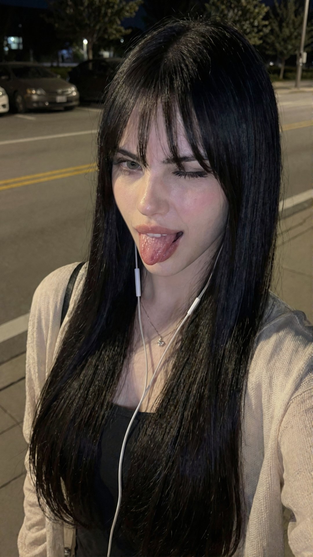 L1n4,  long straight black hair with full bangs,  eyes slightly squinted on Tensor.Art