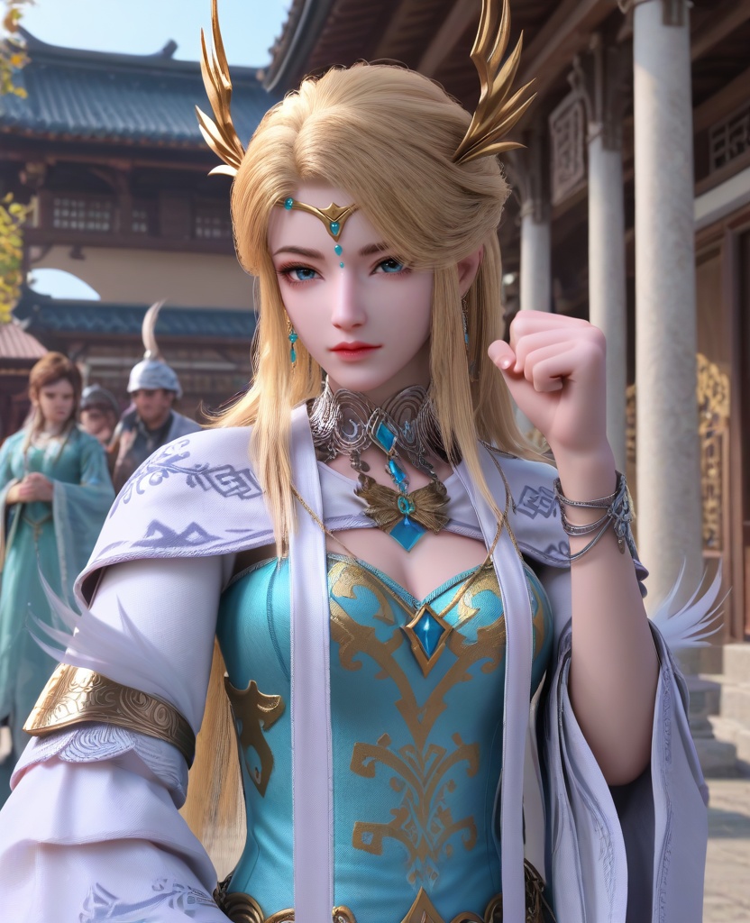 (oriental architecture, elegant decor, sophisticated style:1.1),(punching viewer,incoming punch,bare fist:1.1),(breasts:1.2),<lora:XL16长夜开拓者圣女维罗妮卡:0.95>,miss veronica,blue corset dress,blue eyes,blonde hair,half-up ponytail with hair over shoulder,hair ornament,jewelry,choker,tiered sleeves,earrings,, score_9,score_8_up,score_7_up,score_6_up,score_5_up,score_4_up,3d rendering,tag1,tag2, Cinematic Lighting,backlighting,