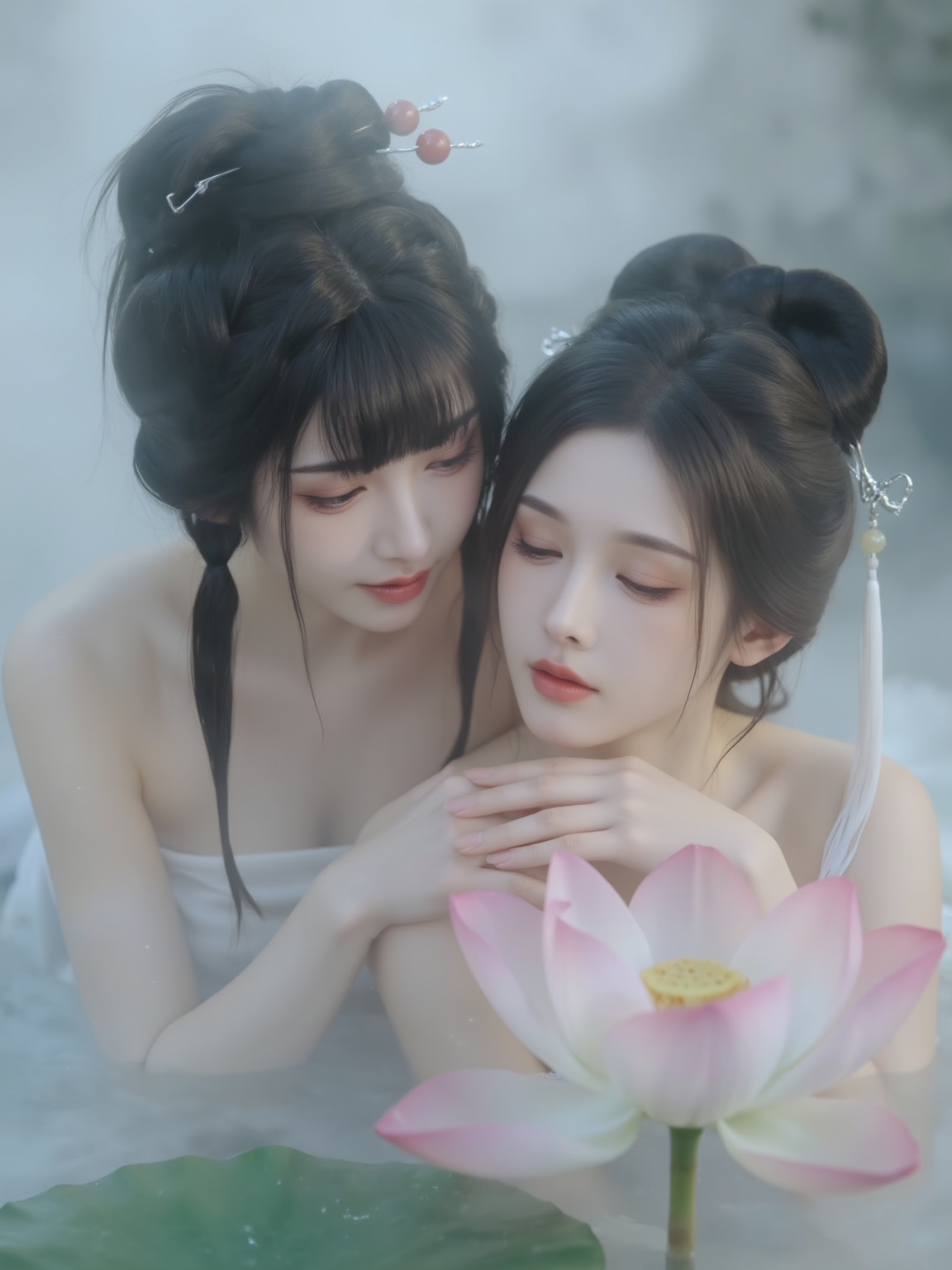 This photograph captures a serene,ethereal scene featuring two Asian women submerged in a misty,mystical setting. The woman on the left has a fair complexion and long,dark hair styled in intricate braids with a few strands cascading over her shoulders. She wears a delicate,white top,her expression gentle and serene. The woman on the right has a similar complexion but her hair is styled in a high bun adorned with ornate hairpins. She wears a white top as well,her expression calm and alluring.,Both women are positioned close together,leaning towards each other,with their heads resting on the other's shoulder. Their faces are close,creating a sense of intimacy and connection. The misty,ethereal atmosphere is created by the fog or smoke around them,giving the scene a dreamlike quality. A large,pink lotus flower floats in the water in the foreground,adding a touch of natural beauty and tranquility to the image. The background is blurred,enhancing the focus on the women and the flower. The overall color palette is soft and muted,dominated by whites,grays,and subtle pastel tones,which emphasizes the delicate and delicate nature of the scene.,<lora:YY-小青和小白F.1:0.9>,<lora:FLUX-极品超模V3:0.8>,