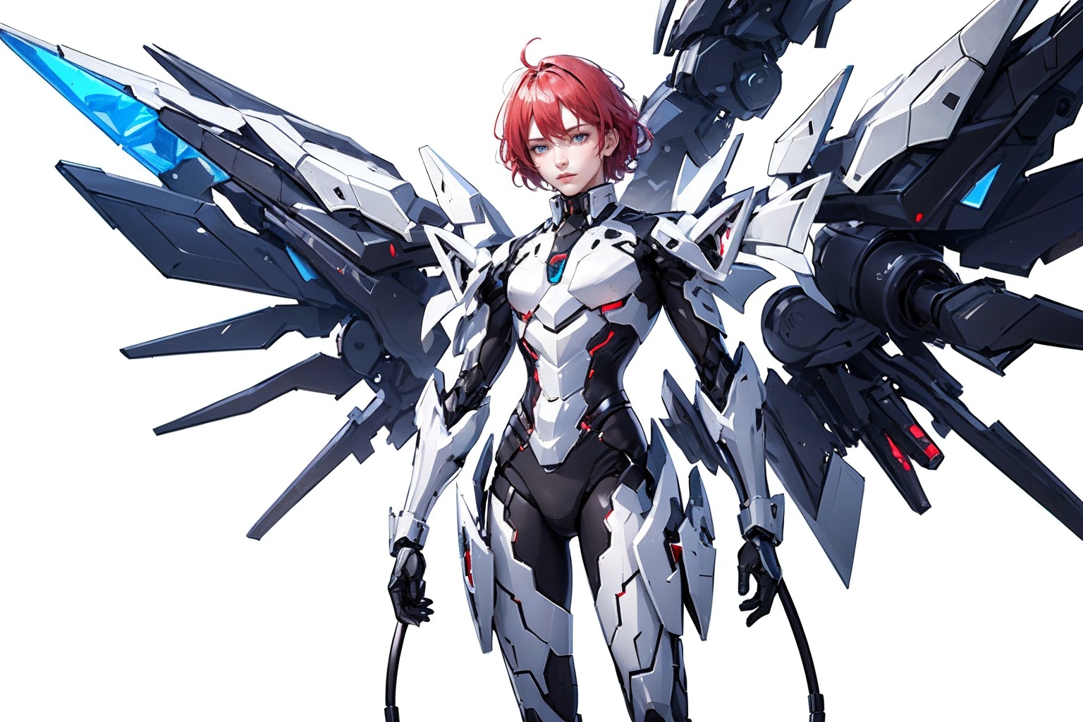 1boy,concept artwork,red hair,(a lonely solo boy:1.4),sky,wing,sitting on the ground,wings with fans,graphics card fan,strong male mecha warrior,mighty and domineering,cool mecha,32k,blue and white color scheme,white armor,<lora:atai_20240121203524-000008:0.7>,white_background,standing,cowboy_shot,