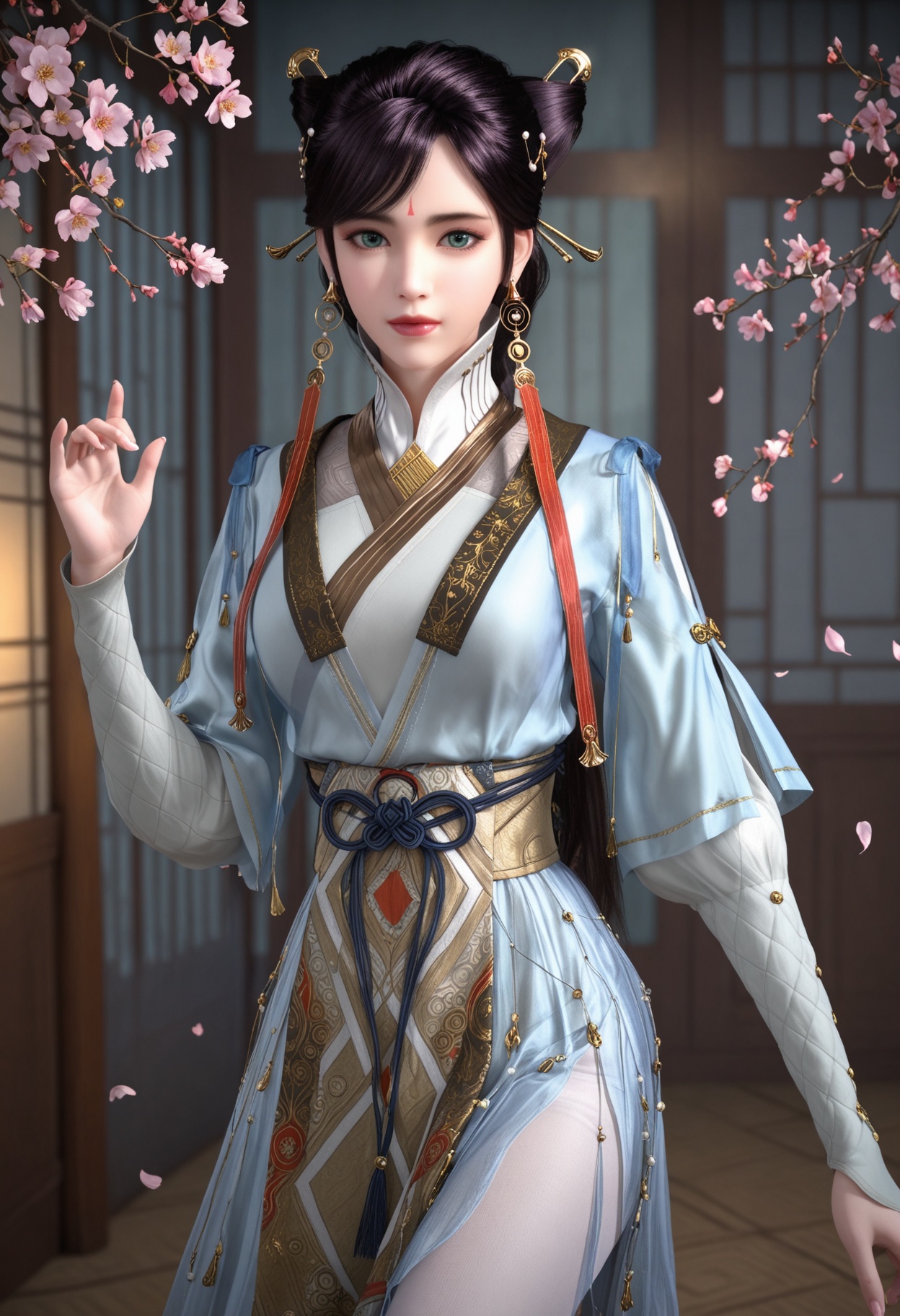 (cowboy shot:1.2),(looking at viewer:1.1),masterpiece,(best quality),smog,Dark room,dim lighting,peach blossom,falling petals,<lora:YQ_Illustrious光辉v5_徐灵犀_V1:0.8>,q1528437228,1girl,solo,jewelry,earrings,hair ornament,black hair,lips,chinese clothes,dress,forehead mark,green eyes,hair bun,long hair,makeup,brown hair,hair stick,long sleeves,tassel,boots,white pantyhose,braid,blue eyes,brown eyes,double bun,