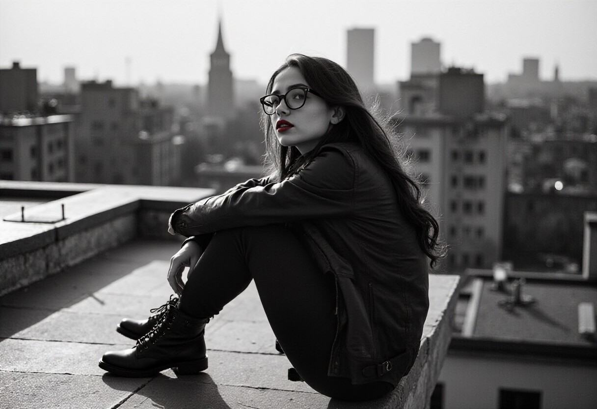 analog_feel,  a quiet moment of urban solitude,  a young woman on a rooftop edge on Tensor.Art