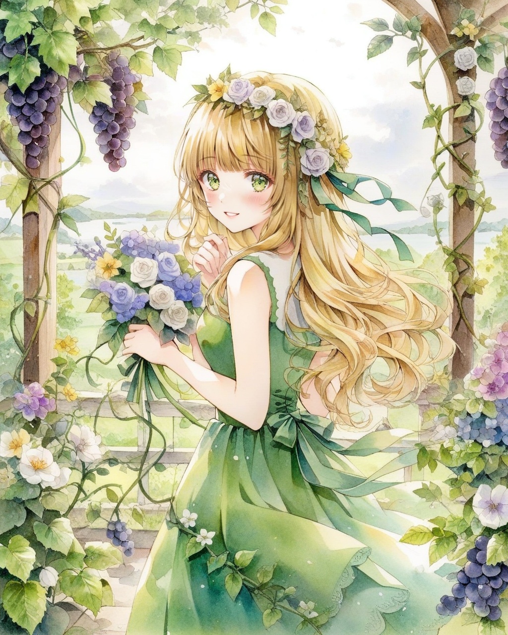 1girl,solo,long hair,flower,dress,blonde hair,green eyes,green dress,head wreath,painting (medium),very long hair,traditional media,looking at viewer,watercolor (medium),bangs,sleeveless,leaf,looking back,white flower,outdoors,own hands together,yellow flower,sleeveless dress,plant,tree,purple flower,blunt bangs,bare shoulders,nature,rose,blush,day,parted lips,hair ornament,wavy hair,hands up,grapes,hair flower,branch,bare arms,smile,from behind,flower wreath,looking to the side,food,white rose,vines,standing,