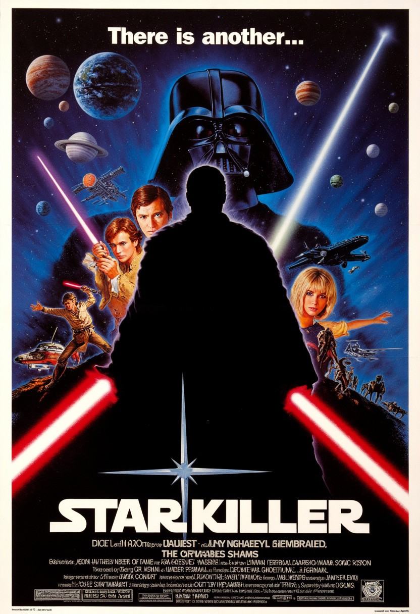 vintage movie poster for "Star Wars: StarKiller",  Darth Vader is standing behind a man,  the man is only shown by silhoue...