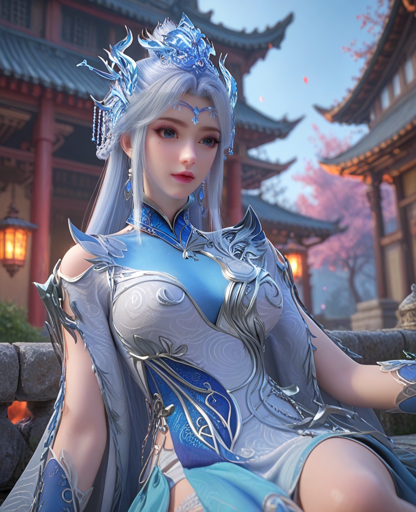 (oriental architecture, elegant decor, sophisticated style:1.1),(sitting on lap:1.1),(breasts:1.2),<lora:XL百炼成神宁雨蝶大奶宗主:0.95>,miss ningyudie,white dress,blue eyes,eyelashes,mole under right eye,white hair,long hair,hair ornament,sidelocks,earrings,bracer,shawl sleeves,pelvic curtain,lace stockings,, zPDXL2, score_9, score_8_up, score_7_up BREAK realistic, masterpiece,best quality, highly detailed,, zPDXL3, zPDXL2,zPDXL, zPDXLxxx, zPDXLrl,