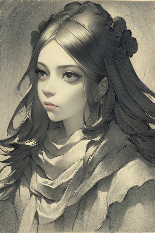 Colorful lead painting style,sketching style,a long haired woman with a scarf around her neck and a serious expression on her face,looking to one side and drawing with a pencil,<lora:smmx-000006:0.8>,masterpiece,best quality,<lora:魔幻女人:1>,