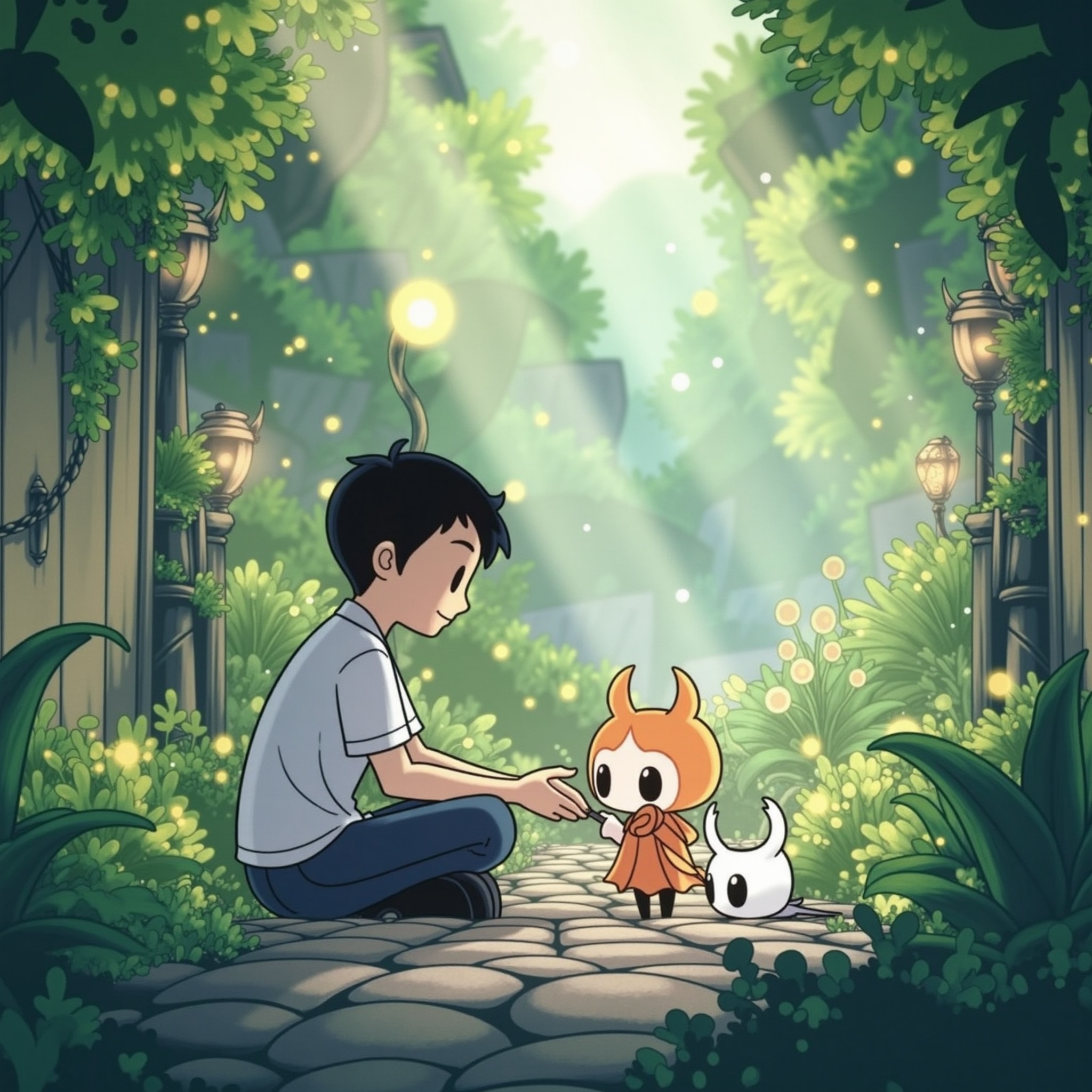 A peaceful outdoor scene,surrounded by lush green leaves and vibrant vegetation on the stone road. A cartoon style man sits on white clothes,gently caressing two animated cats,one orange and one white. Soft sunlight creates shadows,simple walls and pebble floors create a peaceful atmosphere,blending reality and animation elements,and natural and procedural characters. The artistic style blends elements of reality and illustration,