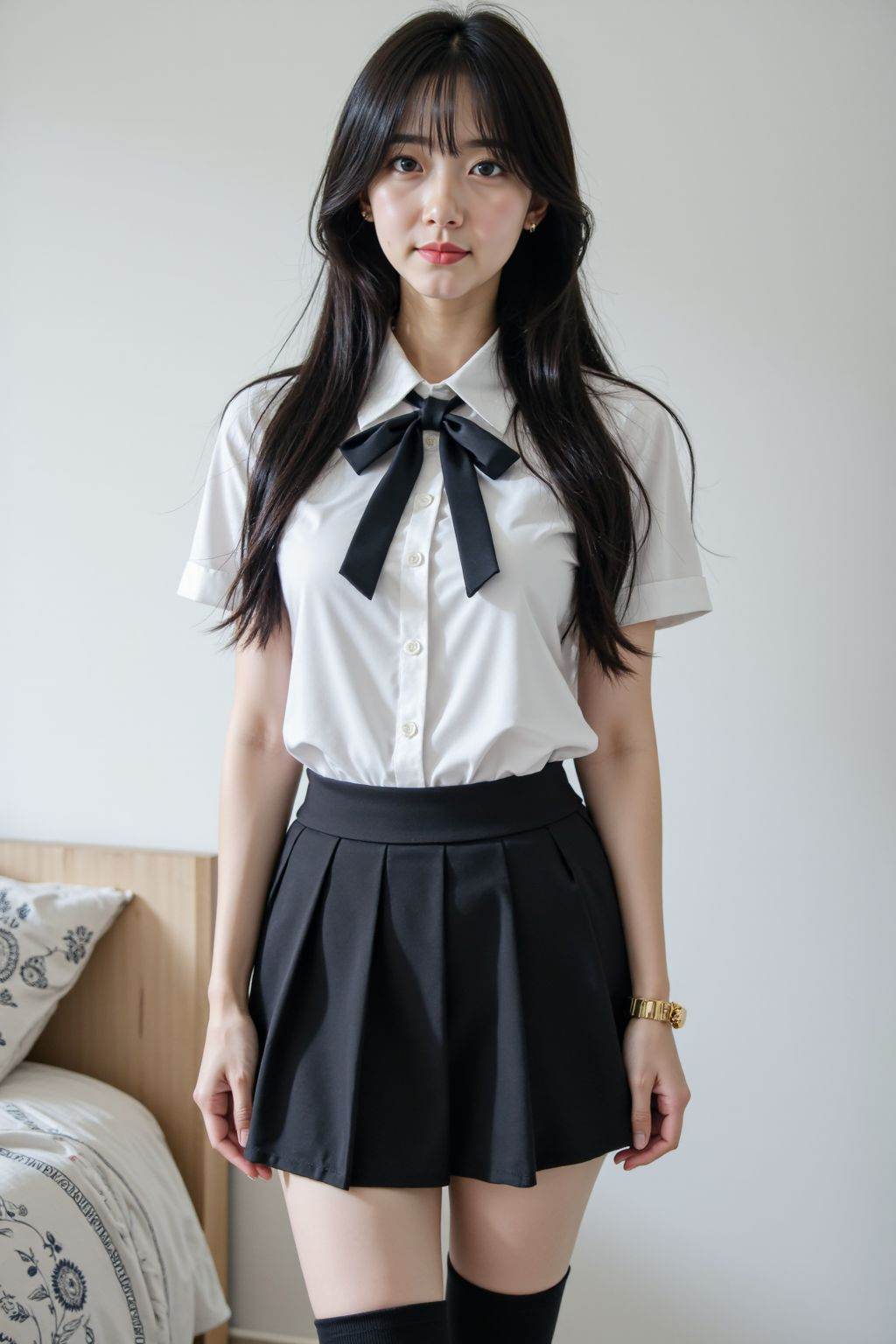 A young Asian woman is standing and facing the viewer, slightly off-center to the left in a medium shot. She appears to be in her early twenties. She wears a white, short-sleeved collared shirt with a black bow tie, a black pleated mini-skirt, and black over-the-knee socks. A gold bracelet is visible on her left wrist. She has long, straight black hair with bangs, fair skin, and red lipstick. Her facial expression is neutral. The background is a plain white wall and a portion of a bed with patterned linens on the left side. The lighting appears to be natural, creating soft shadows. The overall composition is clean and simple. The style is somewhat suggestive, with emphasis on the woman's figure and clothing.