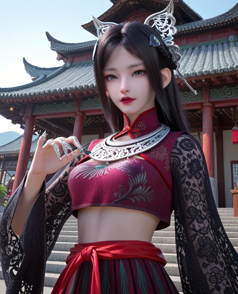 (oriental architecture, elegant decor, sophisticated style:1.1),(high five:1.1),(breasts:1.2),<lora:XL少年歌行慕雨墨:0.95>,miss muyvmo,red crop top,pleated skirt,black hair,hair ornament,long hair,silver collar,black lace long sleeves,claw ring,heterochromatic eyes,lips,midriff,, score_9,score_8_up,score_7_up,score_6_up,score_5_up,score_4_up,3d rendering,tag1,tag2, Cinematic Lighting,backlighting,