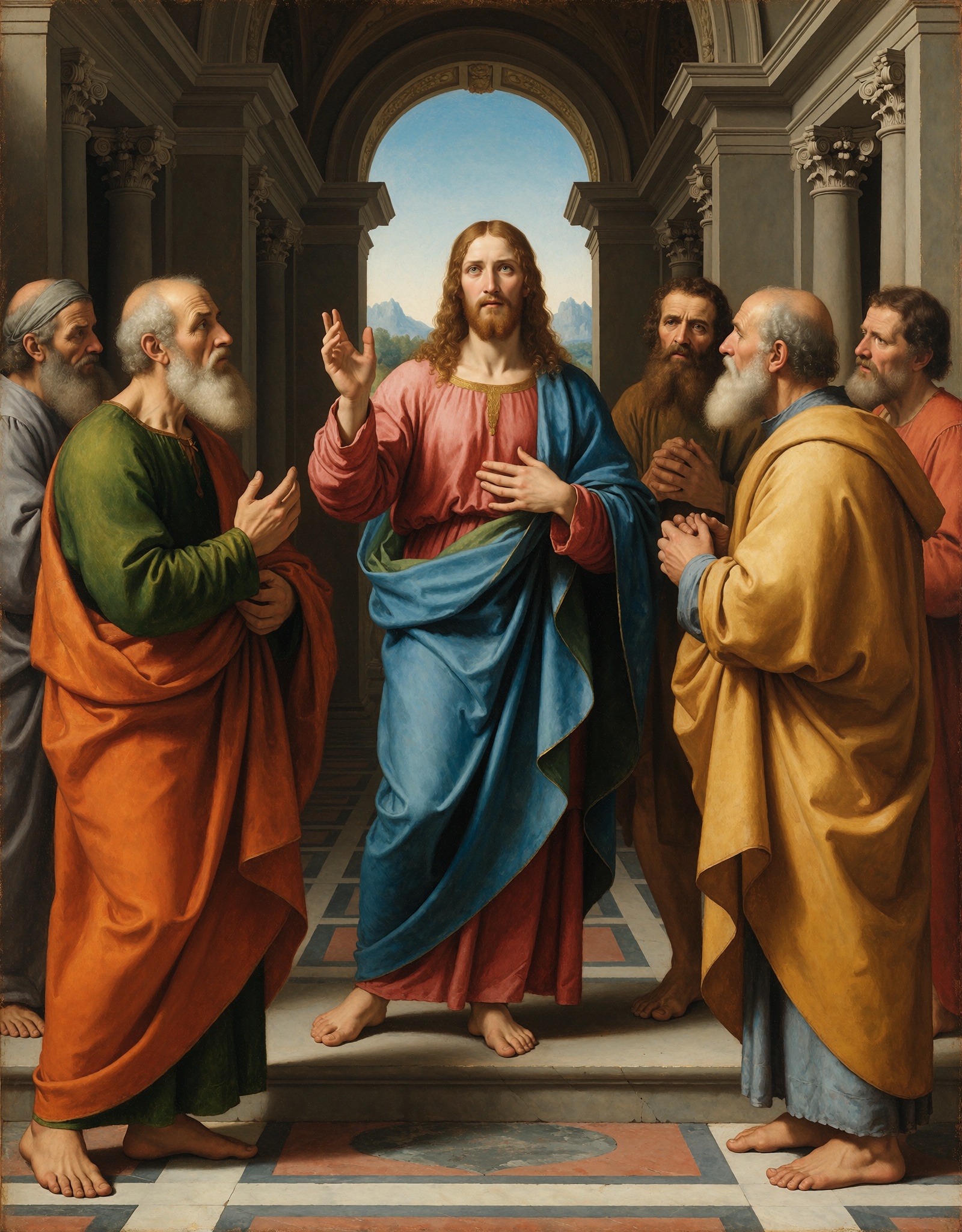 Bernardino Luini style,  Christ preaching to the elders,  an ***** Christ debating with elderly scribes in a temple interi...
