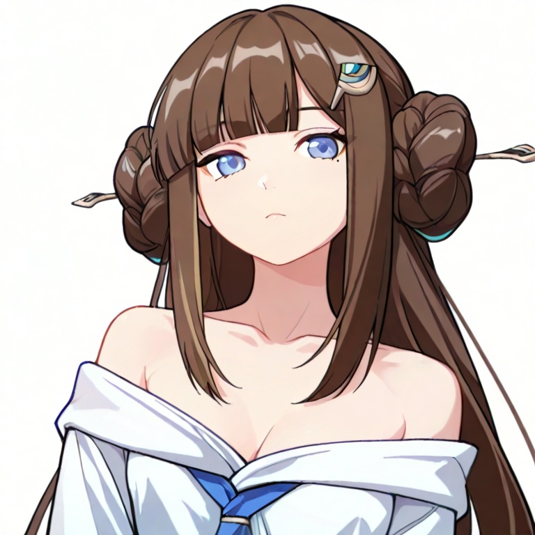 masterpiece, best quality,solo,(white background:1.2),simple background,looking at viewer,      manga_style,cangxuan,danzhu,hair ornament,blunt bangs,hair bun,brown hair,long hair,hairclip,mole under eye,off shoulder,<lora:苍玄丹朱-manga-ill:0.8>