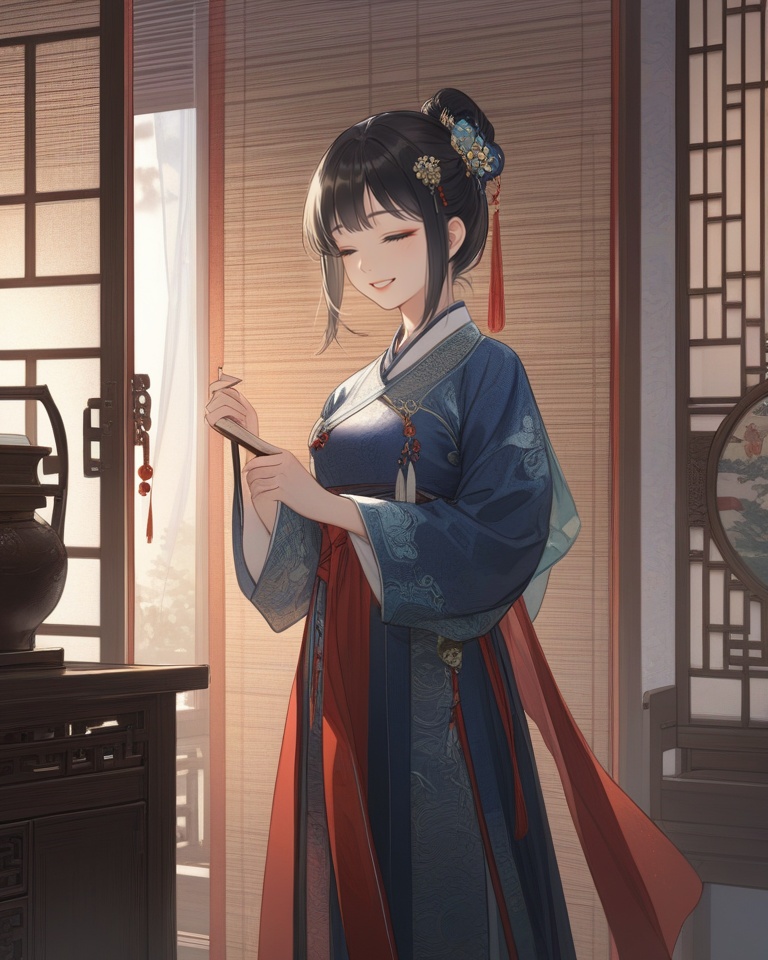(best quality), ((masterpiece)), (highres), illustration, original, extremely detailed,<lora:Old wind:0.7>licg,1girl, solo, chinese clothes, black hair, hair ornament, dress, makeup, closed eyes, curtains, indoors, standing, smile, window, table, wide sleeves