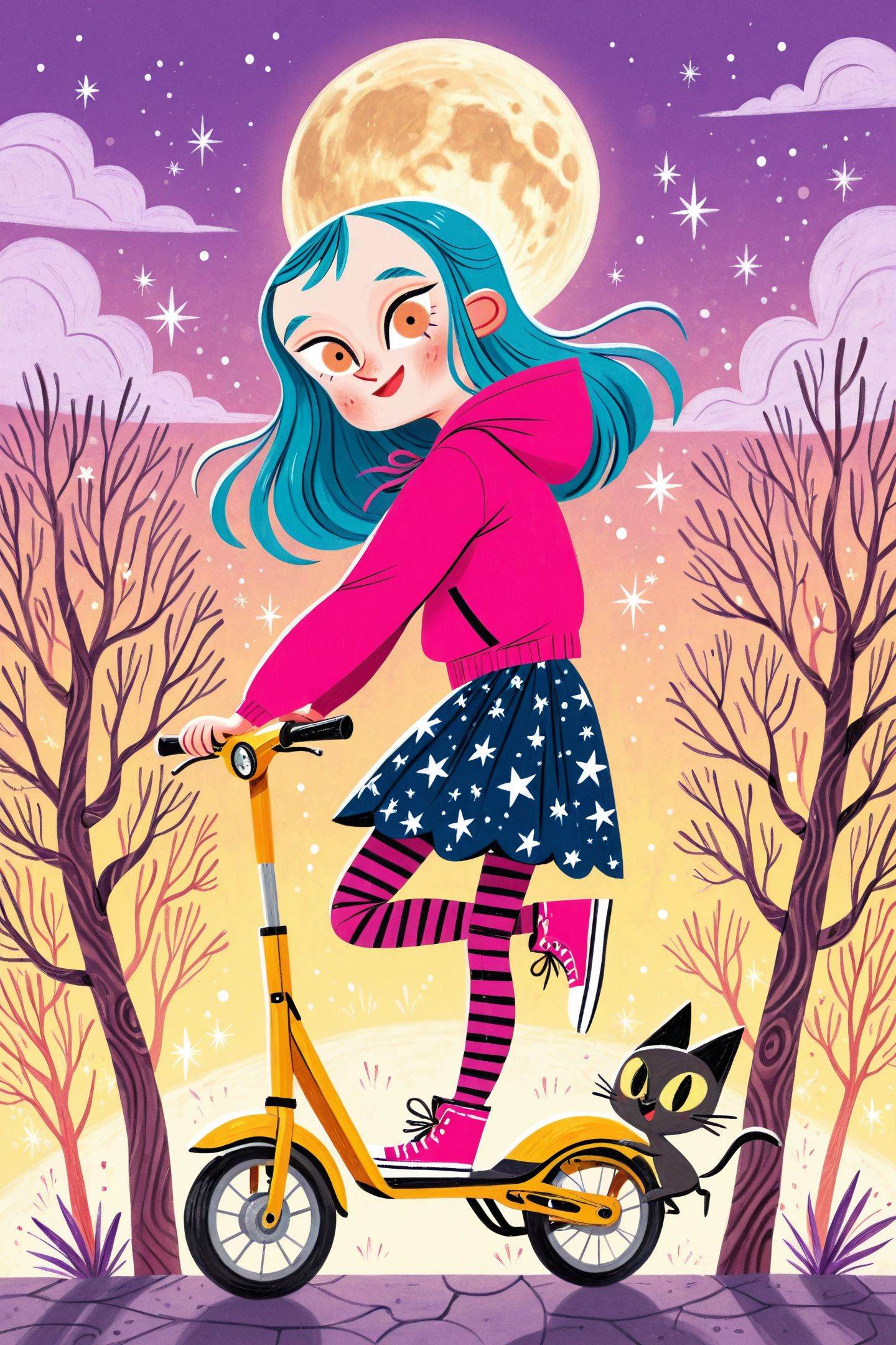 David Sierra Liston Style,1girl,moon,long hair,star print,star \(symbol\),striped pantyhose,hood,pantyhose,cat,tree,smile,blue hair,open mouth,solo,hoodie,striped clothes,hood down,holding,animal,blush,skirt,full moon,yellow eyes,looking at viewer,full body,kick scooter,on sky,<lora:David Sierra Liston_illustriousXL:1>,