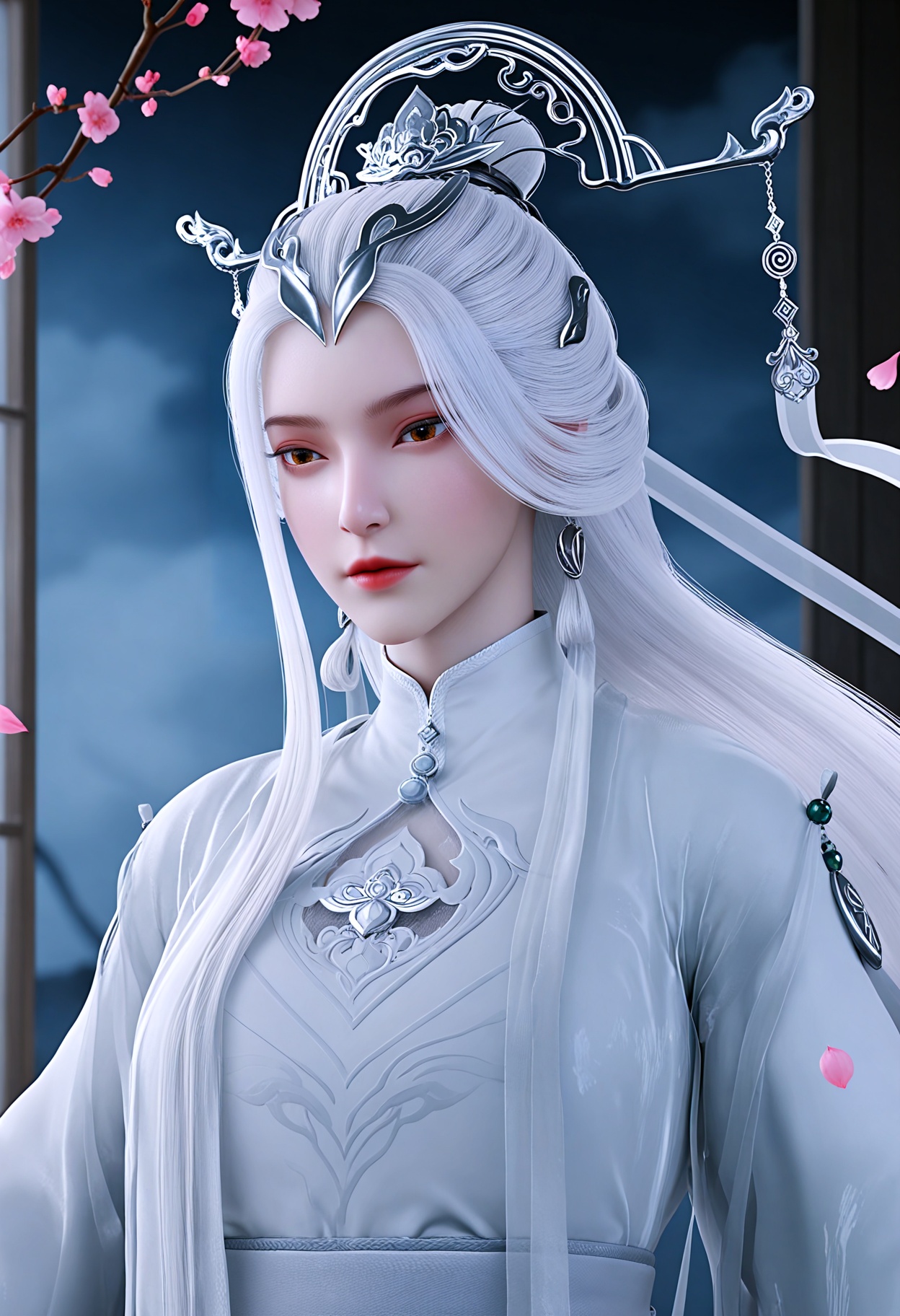 (upper_body:1.3),(looking_at_viewer:1.1),(masterpiece:1.1),(best quality:1.2),(intricate details),(smog:1.3),(Dark room:1.3),(dim lighting:1.3),peach blossom,falling petals,<lora:YQ_Illustrious光辉v5_剑妈_V1:0.8>,q1528437228,solo,1girl,white_hair,long_hair,hair_ornament,dress,jewelry,white_dress,long_sleeves,chinese_clothes,earrings,wide_sleeves,brown_eyes,sash,hair_stick,yellow_eyes,hair_bun,hanfu,robe,blue_eyes,crown,kimono,single_hair_bun,red_eyes,braid,obi,tassel,masterpiece,(best quality),(intricate details:0.9) BREAK (intricate details:0.9),(realistic skin:1.2),masterpiece,best quality,newest,absurdres,hiahres,