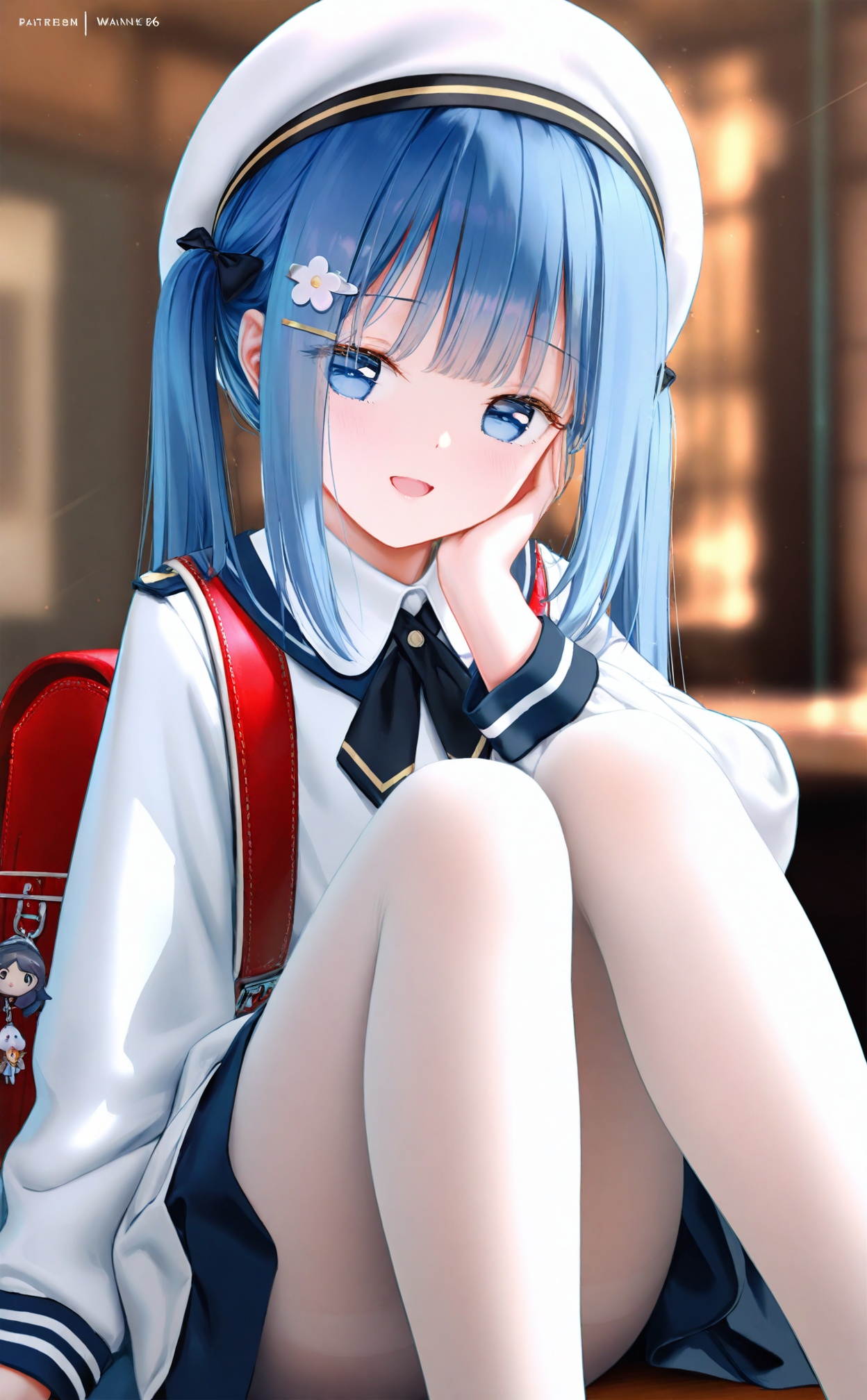 masterpiece,blurry background,loli,light leaks,fair_skin,blurry,depth_of_field,Cinematic Lighting,background light,loli,himitsu_(hi_mi_tsu_2),Artist haneru,Artist:hiten_(hitenkei),artist chen_bin,artist:wanke,(artist:ke-ta:0.6),[Artist:wlop],(Artist agwing86:1.3),(Artist aki99:0.5),(Artist z282g:0.66),loli, 1girl, hat, solo, bag, blue hair, blue eyes, white headwear, backpack, white pantyhose, pantyhose, randoseru, hair ornament, blush, shirt, long hair, white shirt, charm \(object\), beret, hairclip, long sleeves, looking at viewer, twintails, open mouth, indoors, knees up, bag charm, black bow, white jacket, smile, bow, \:d, hand up, sitting
