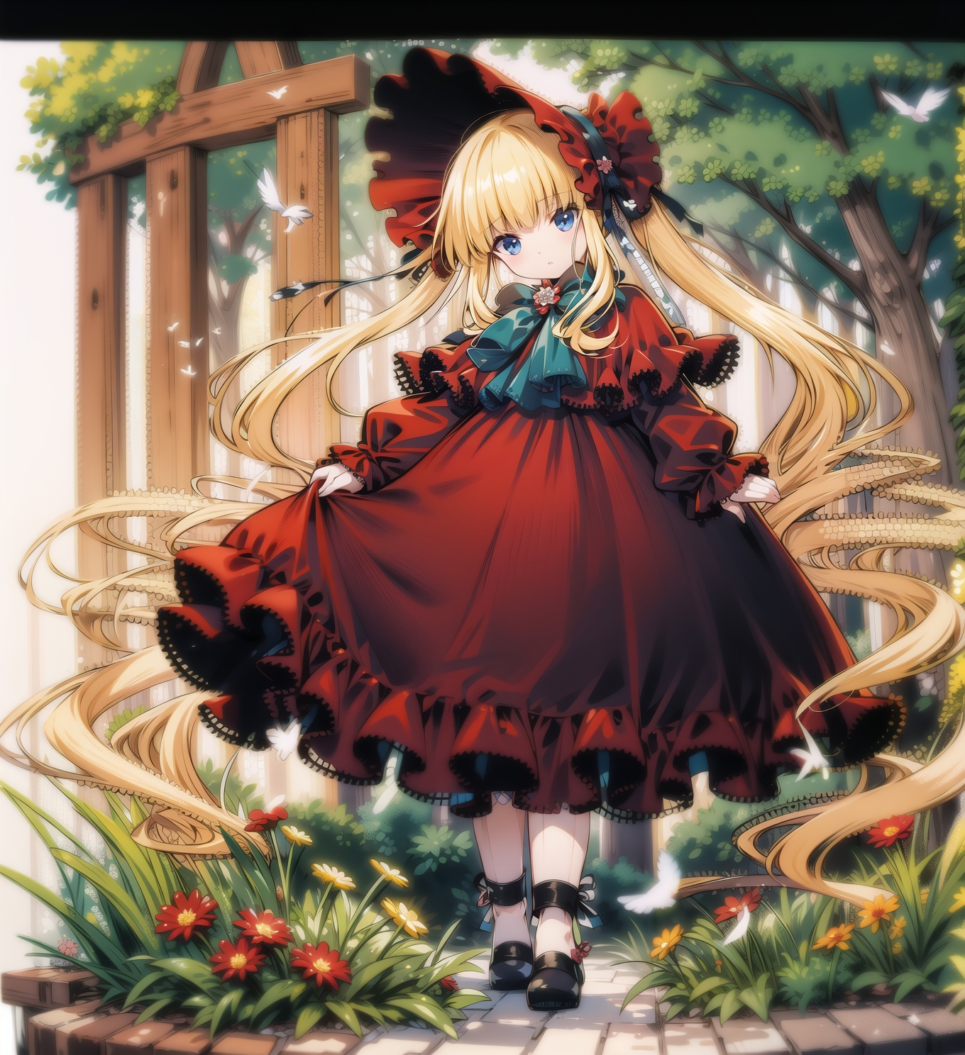 zhenhong,Garden, creek, birds, sunny day，masterpiece),best quality,highly detailed,extremely detailed CG unity 8k wallpaper,illustration,highres,absurdres,beautiful detailed hair,shiny skin,solo,full body,<lora:真红:1>