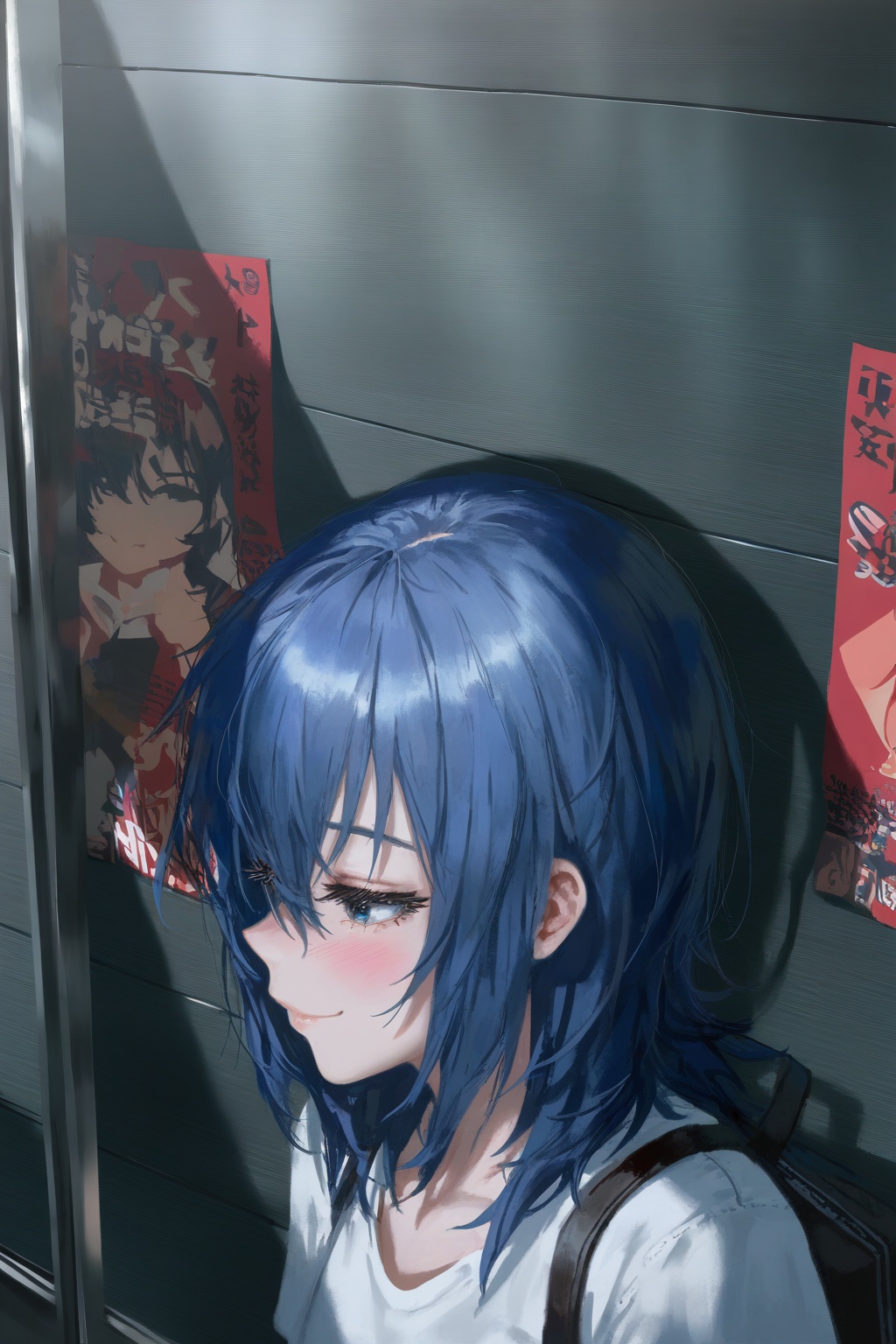 masterpiece,best quality,amazing quality,very aesthetic,absurdres,best quality,newest,(artist:quasarcake:0.8),extreme aesthetic,(wlop:0.9),masterpiece,best quality,good quality,newest,very aesthetic,absurdres,A shot with tension,(Visual impact,giving the poster a dynamic and visually striking appearance:1.2),impactful picture,offcial art,splash of color,movie perspective,Chika Suzugamori,blue eyes,blue hair,bag,1girl,smile,backpack,closed mouth,shirt,white shirt,reflection,blush,solo,<lora:journey-000004:0.8>,