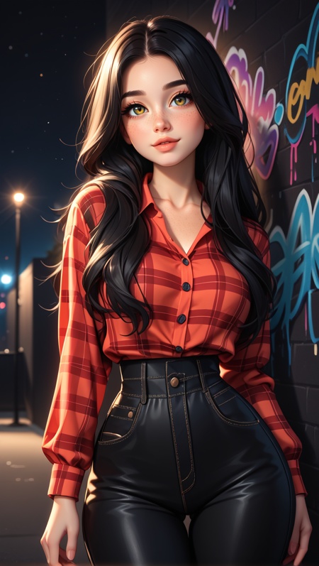 score_9, score_8_up, score_7_up, bokeh,girl, (beautiful face, cute face, 18 years old), long silky black hair with copper ends, solo, [[freckles on face, freckles on chest, freckles on breasts]], (narrow waist, narrow hips:1.3), night, stands with his back to the (black wall:1.3), body stretched languidly, medium butt, (plaid black pants:1.1), warm dreamy light softening her silhouette, dark neon graffiti-stained black wall barely visible in the dimness