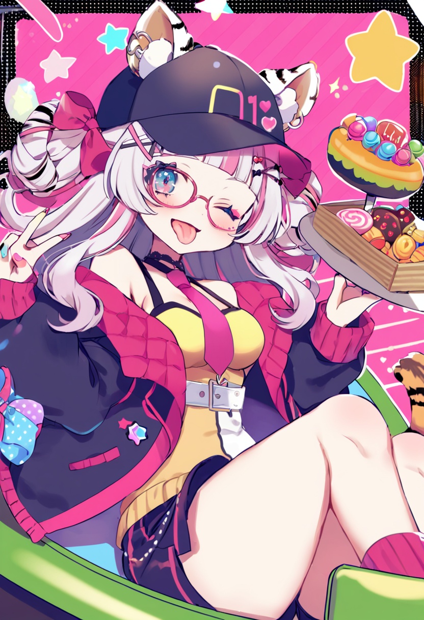 masterpiece, best quality,1girl,   headphones, animal ears, food, solo, candy, lollipop, one eye closed, bangs, hat, hair ornament, tail, glasses, long hair, handheld game console, baseball cap, looking at viewer, breasts, pink hair, jewelry, tongue, controller, heart, bow, nail polish, x hair ornament, blunt bangs, open mouth, tiger ears, smile, ring, tiger tail, jacket, blush, necktie, tray, star \(symbol\), tongue out, multicolored nails, bumper car, hair bow, ;d, cleavage, tiger girl, game controller, v, blue eyes, sitting, white hair <lora:yumenouchiXLlokr-000049:1>