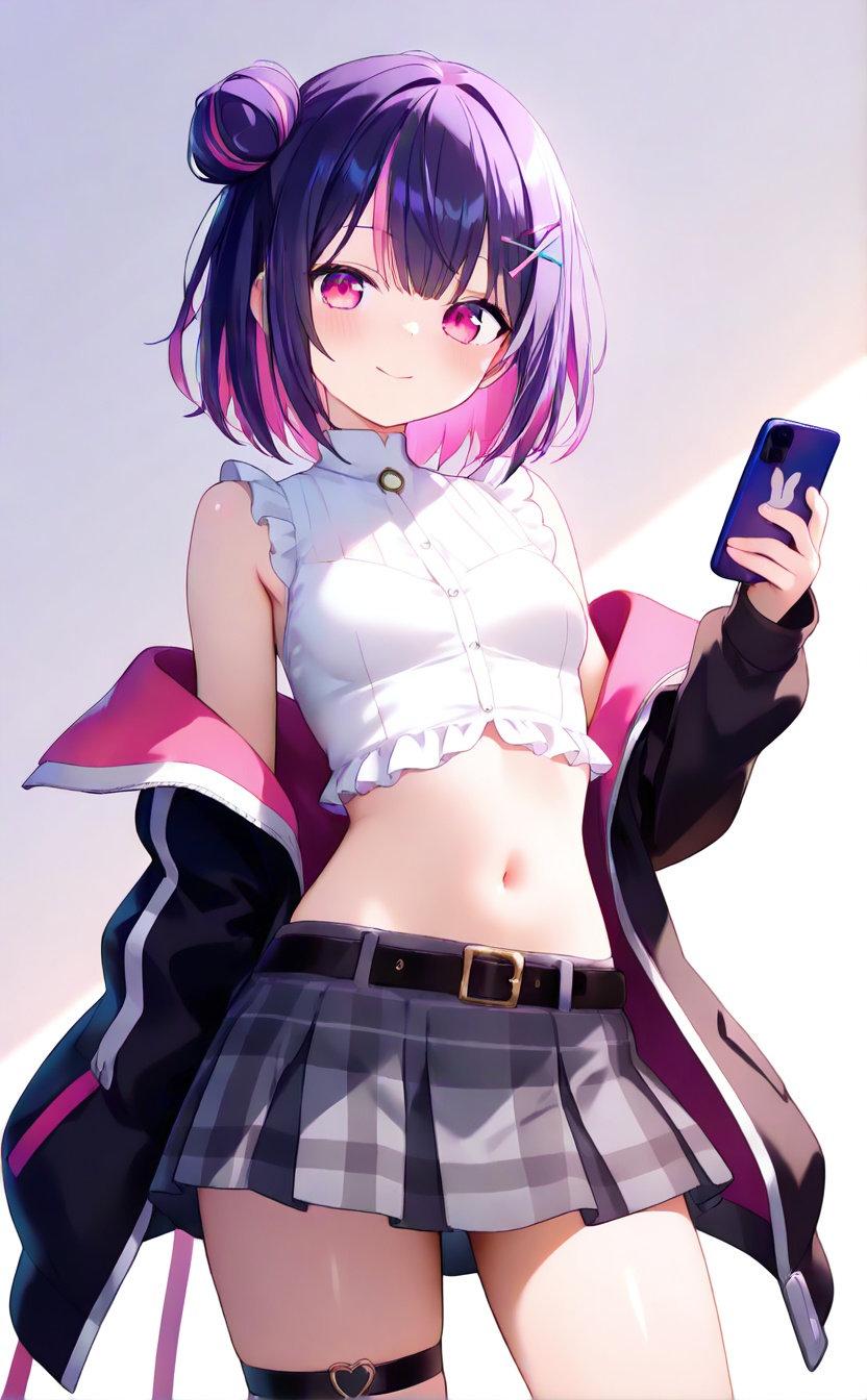 masterpiece,very aware,highres,absurdres,newest,best quality,petite,high quality,chromatic_aberration,cinematic_angle,dutch angle,blurry_foreground,A light gradient background with white on top and brown at the bottom,student,"Girl",//,1girl,solo,phone,holding,hair bun,purple hair,holding phone,cellphone,shirt,white background,skirt,crop top,jacket,simple background,looking at viewer,black jacket,multicolored hair,thigh strap,midriff,sleeveless shirt,sleeveless,frilled shirt,white shirt,short hair,single hair bun,pink eyes,hair ornament,smartphone,pink hair,virtual youtuber,breasts,navel,long sleeves,frills,x hair ornament,closed mouth,grey skirt,off shoulder,smile,small breasts,belt,open clothes,sleeves past wrists,bangs,two-tone hair,cowboy shot,open jacket,plaid,bare shoulders,hairclip,//,//,official art,blurry background,depth of field,detailed light,best shadow,shiny skin,cinematic lighting,ray tracing,amazing quality,very aesthetic,absurdres,beast quality,ultra detailed,newest,8K,HDR,full_shot,//,<lora:lora:1>,