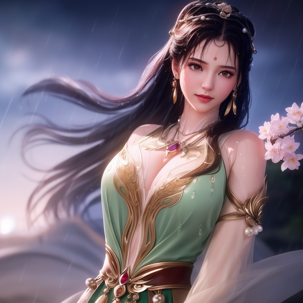 <lora:715-DA-师兄啊师兄-龙吉:0.8>(,1girl, ,best quality, ),looking at viewer, ,ultra detailed 8k cg, ultra detailed background,  ultra realistic 8k cg,          cinematic lighting, cinematic bloom, (( , )),,  , unreal, science fiction,  luxury, jewelry, diamond, pearl, gem, sapphire, ruby, emerald, intricate detail, delicate pattern, charming, alluring, seductive, erotic, enchanting, hair ornament, necklace, earrings, bracelet, armlet,halo,masterpiece, (( , )),,  ,cherry blossoms,(((, night,night sky,,  ultra high res, (photorealistic:1.4), raw photo, 1girl, , rain, sweat, ,wet, )))(( , ))   (cleavage), (),
