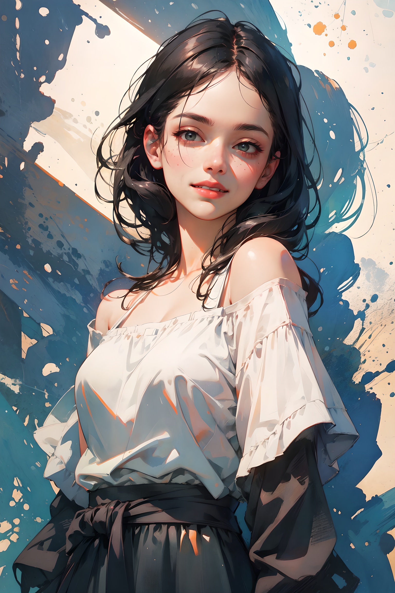 1girl, offshoulder, smile, cute, waist up, deep shadow, in the dark, low key.best quality, masterpiece, (photorealistic:1.4) .
